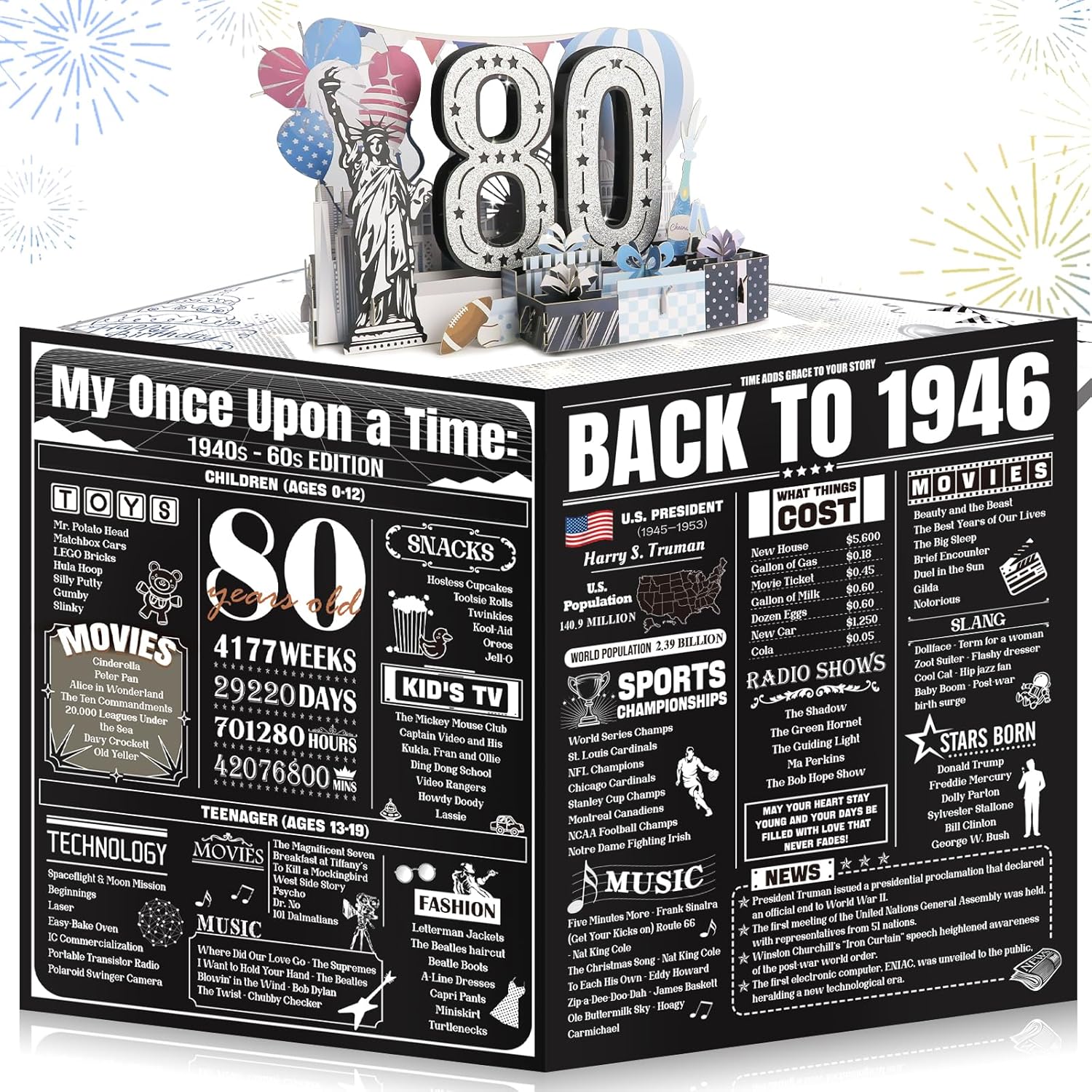 Cool 80Th Birthday Card Gifts For Men Women, Large 3D Pop-Up 80 Year Old Bday Card For Him Her, Best Happy Turning 80 Birthday Gift Ideas For Dad Husband, Back In 1946 80Th Birthday Decorations, Black