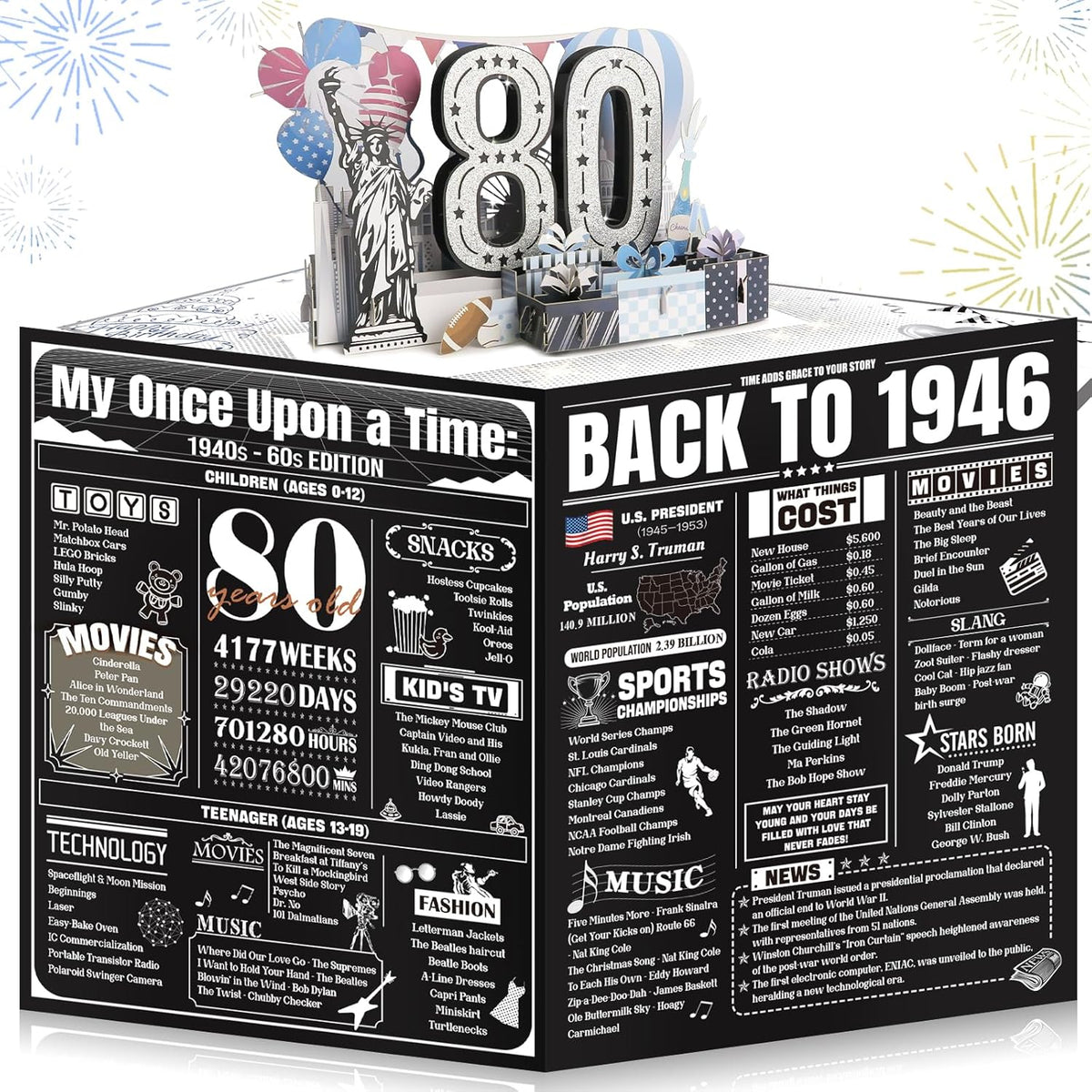 Cool 80Th Birthday Card Gifts For Men Women, Large 3D Pop-Up 80 Year Old Bday Card For Him Her, Best Happy Turning 80 Birthday Gift Ideas For Dad Husband, Back In 1946 80Th Birthday Decorations, Black