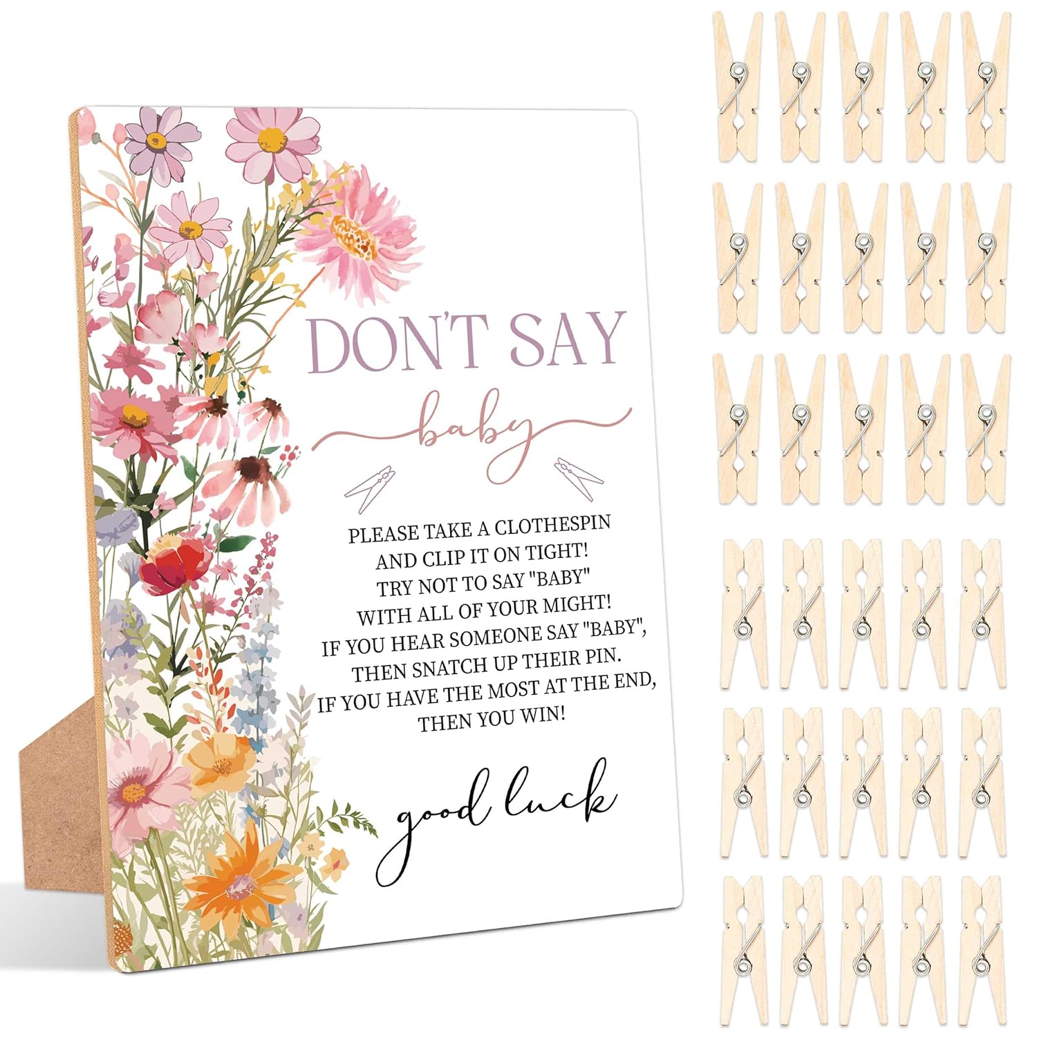 Wildflower Don'T Say Baby Clothespin Game, Pack Of 1 Wooden Tabletop Sign With Stand And 50 Mini Natural Clothespins, Floral Baby Shower Game, Gender Reveal Party Decorations - Qx17