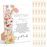 Wildflower Don'T Say Baby Clothespin Game, Pack Of 1 Wooden Tabletop Sign With Stand And 50 Mini Natural Clothespins, Floral Baby Shower Game, Gender Reveal Party Decorations - Qx17