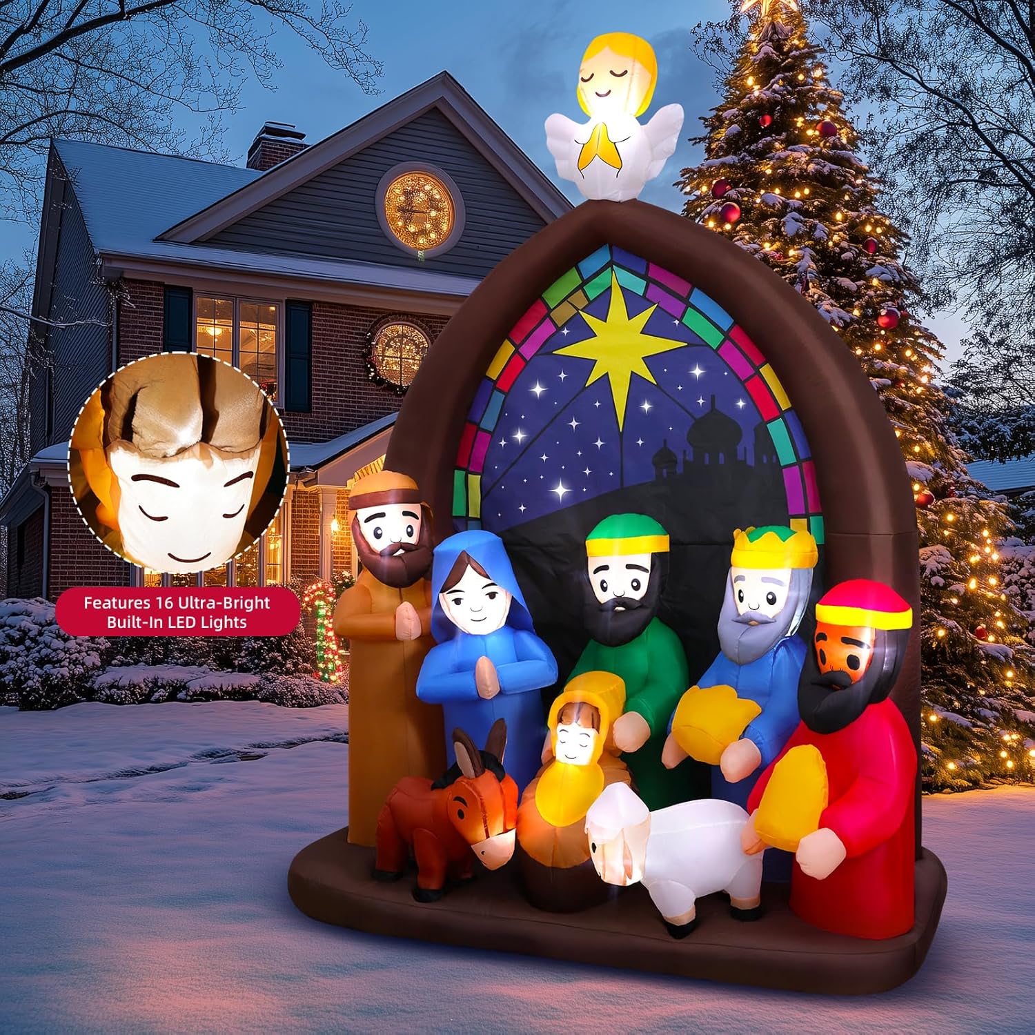 8Ft Christmas Inflatables Nativity Scene Outdoor Decorations With Led Lights, Large Christmas Jesus Blow Up Yard Decorat