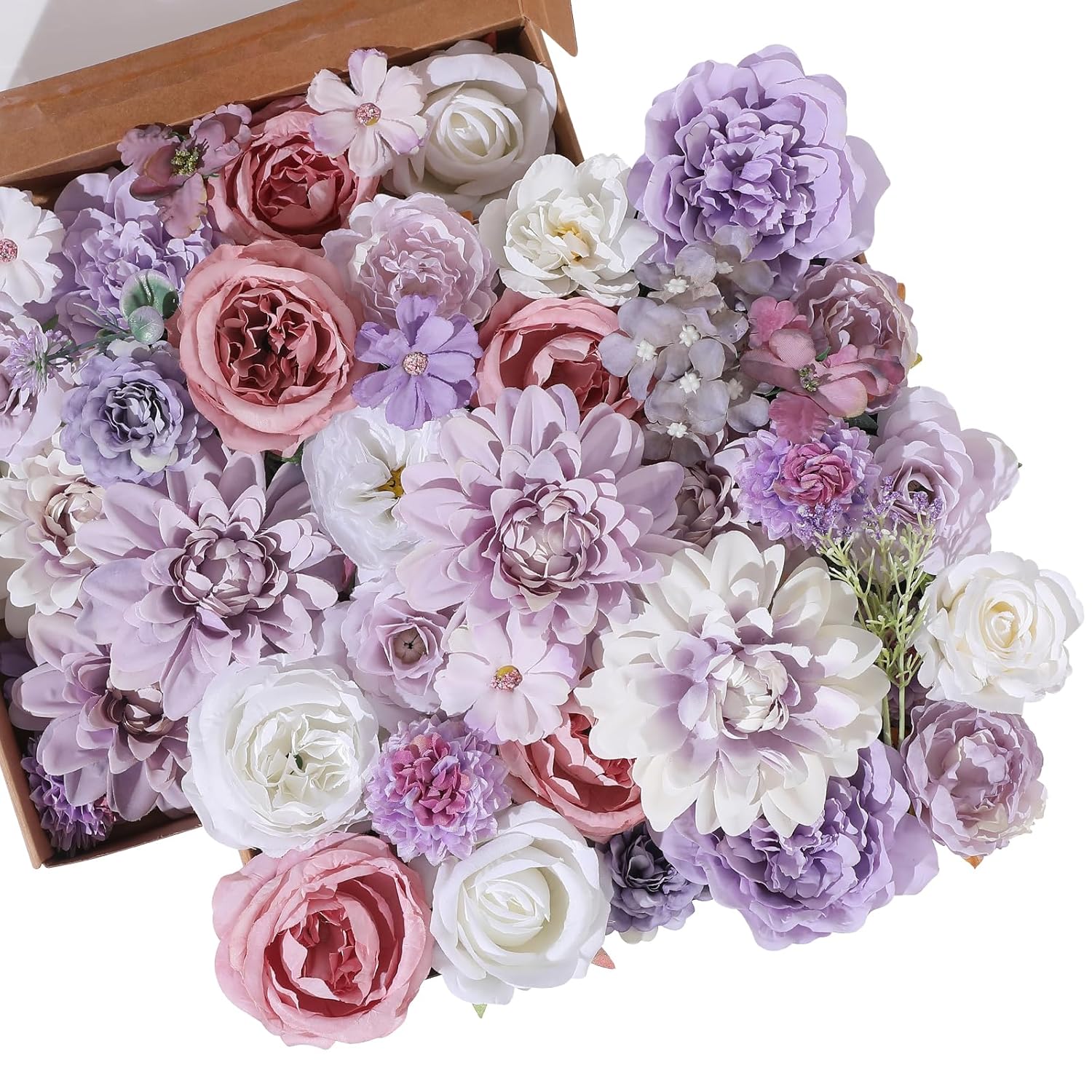 36 Pcs Artificial Flowers Combo Purple Flowers Mix Silk Flowers Dahlia Roses With Stems For Wedding Bridal Bouquets, Baby Shower, Floral Arrangement, Table Centerpieces