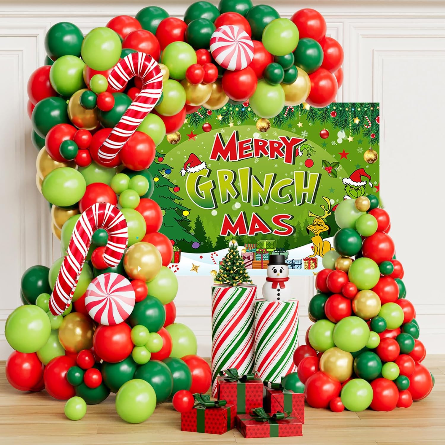 138 Pcs Christmas Balloon Arch Kit Christmas Balloon Garland With Merry Christ Mas Back Drop, Red Green Gold Latex Balloons And Red Candy Cane Lollipop For Xmas Party Decorations