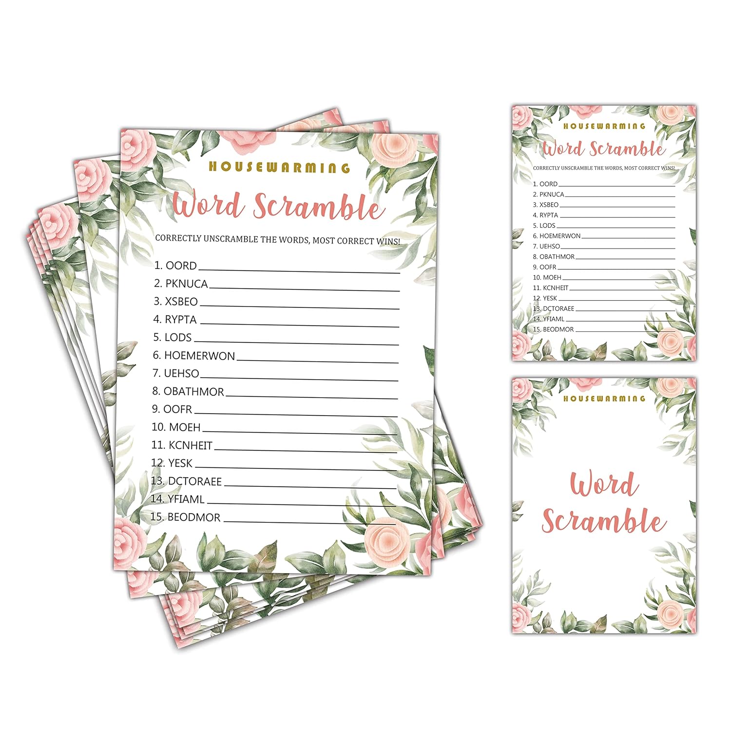 Housewarming Party Game, Word Scramble, Floral Greenery New Home Celebration Party Ideas, New Homeowner/First Home/Apartment/House Party Decorations - 30 Pack(B08)