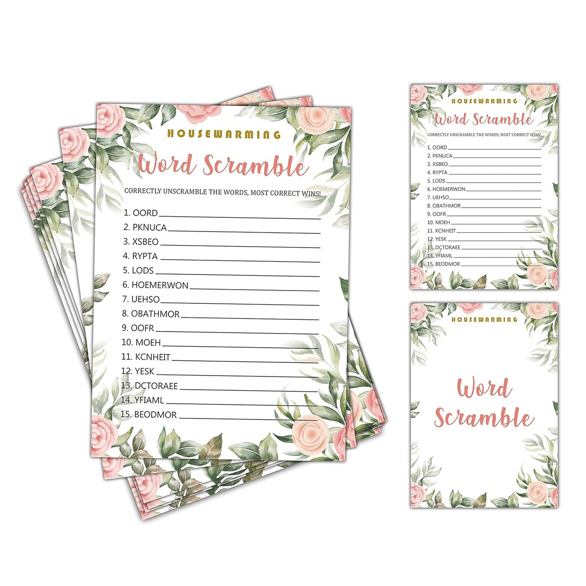 Housewarming Party Game, Word Scramble, Floral Greenery New Home Celebration Party Ideas, New Homeowner/First Home/Apartment/House Party Decorations - 30 Pack(B08)