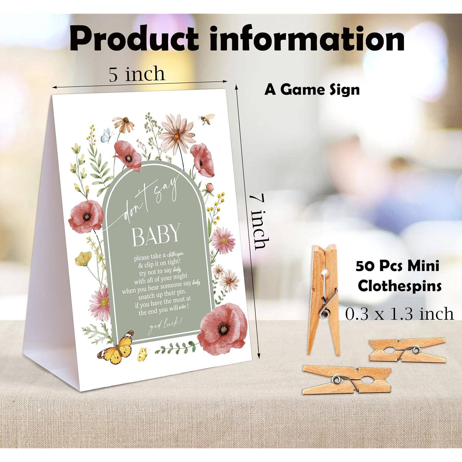 Boho Floral Themed Baby Shower Games, Dont Say Baby Game, Pack Of 1 Sign And 50 Mini Wooden Clothespins, Sage Green Butterfly Baby Shower Decorations, Gender Reveal Party Supplies