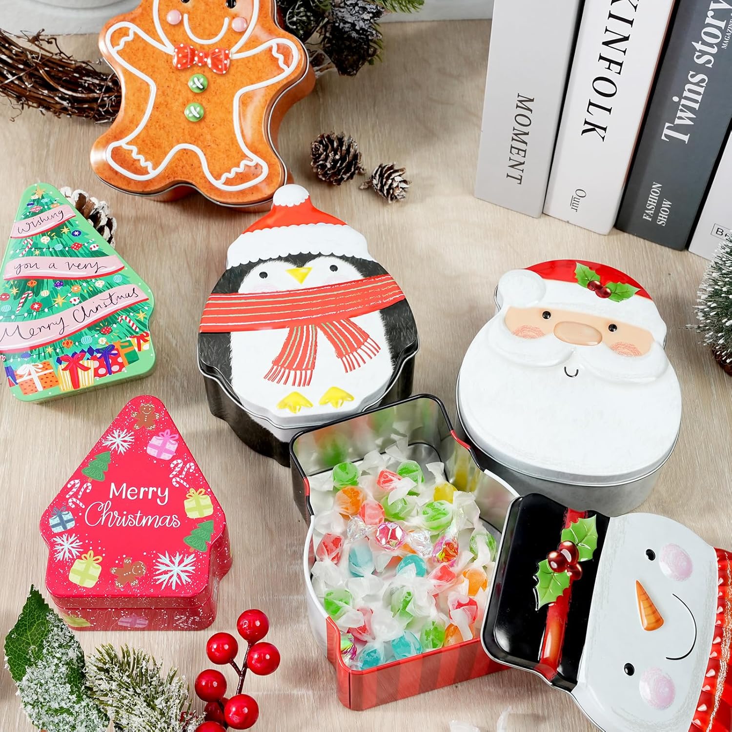 6 Pcs Christmas Cookie Tins With Lids Christmas Containers Santa Snowman Gingerbread Penguin Christmas Tree Metal Cookie Jar Xmas Cookie Boxes For Storing Candy Chocolate Biscuits Holiday Gifts