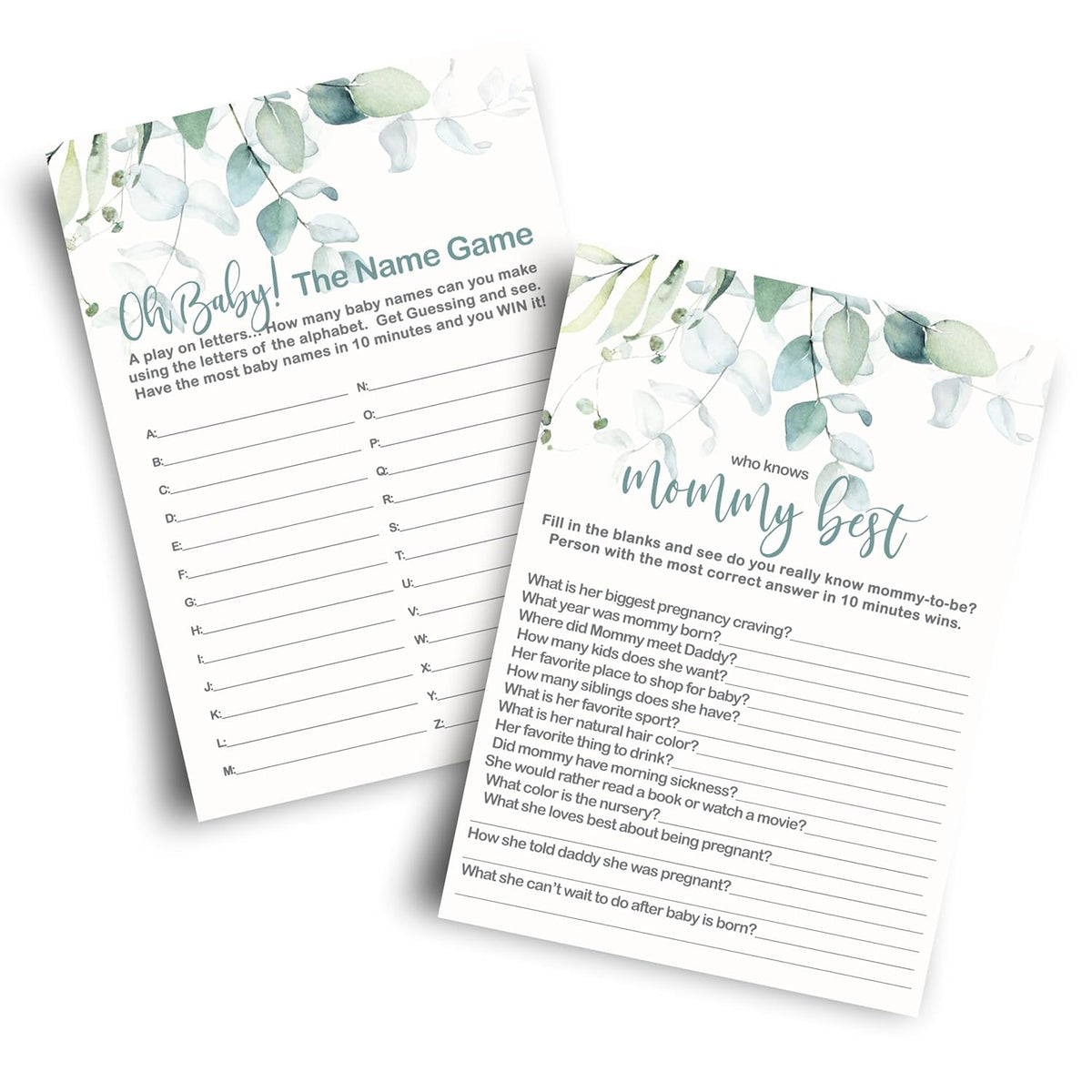 Greenery Baby Shower Games - 25 Each - Baby Name Race & Who Knows Mommy Best - Fun Baby Shower Game Pack - Tropical Favors & Decor Ideas - Two-Sided Designs