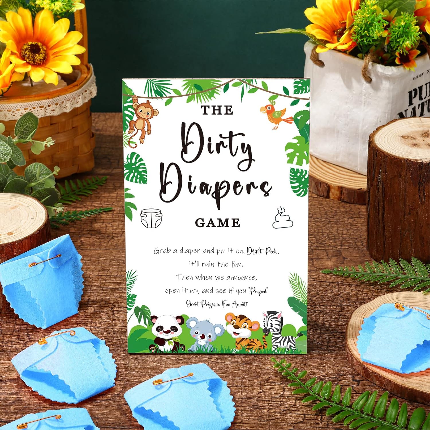 51 Pcs Dirty Diaper Wooden Game Sign Baby Shower Game Sign Dirty Diaper Instruction Sign 50 Pcs Mini Diapers Cute Felt Diaper For Game Gender Neutral Party Baby Shower Game (Animal)