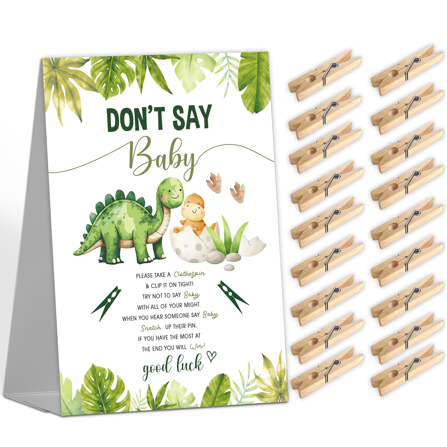 Don'T Say Baby Game Sign With 50 Mini Clothespins - Jungle Dinosaur Shower For Gender Reveal Party Decorations, Favors Supplies (Mq-1-15)