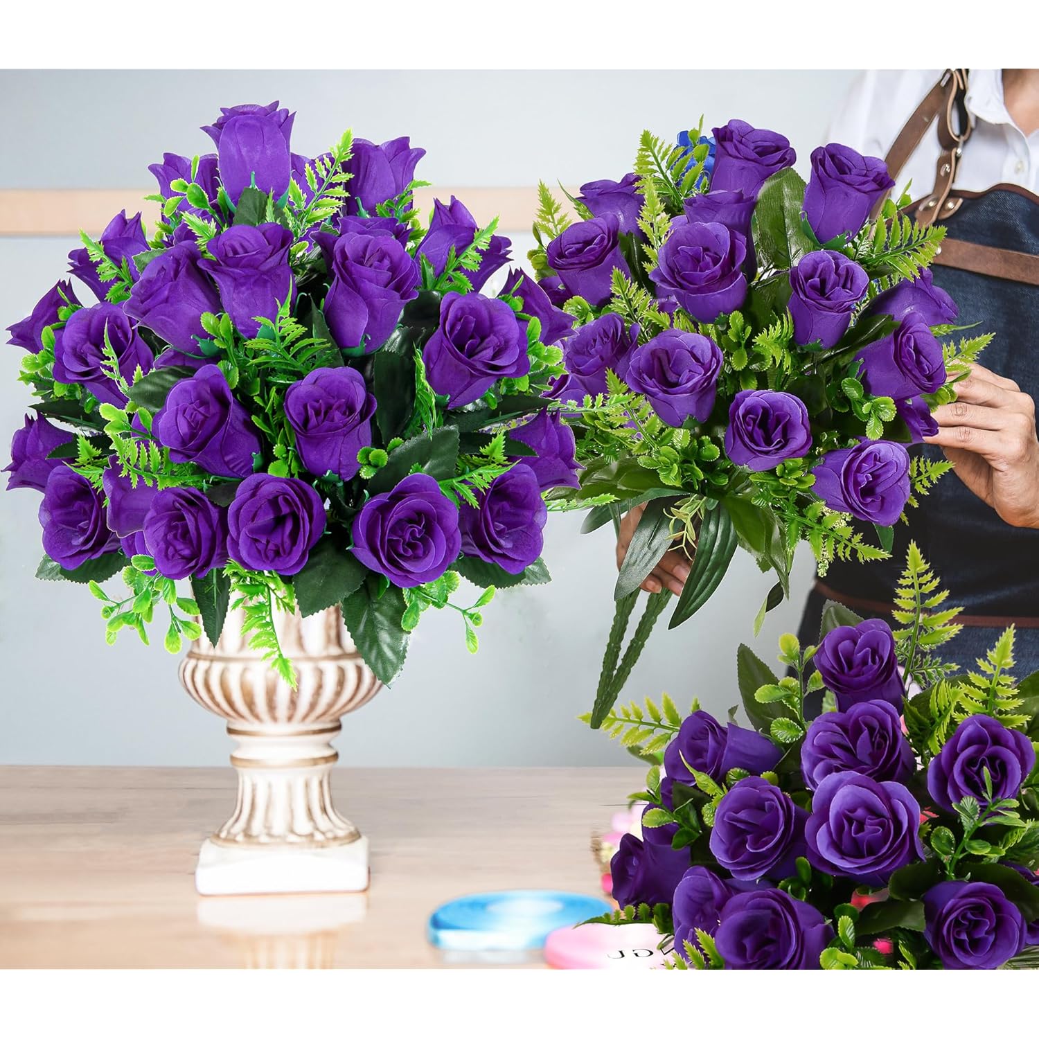 Artificial Rose Flowers - 4Bouquets Realistic Fake Silk Roses For Wedding Party Home Centerpieces Office Diy Cemetery Grave Decoration (Pack Of 4, Purple)