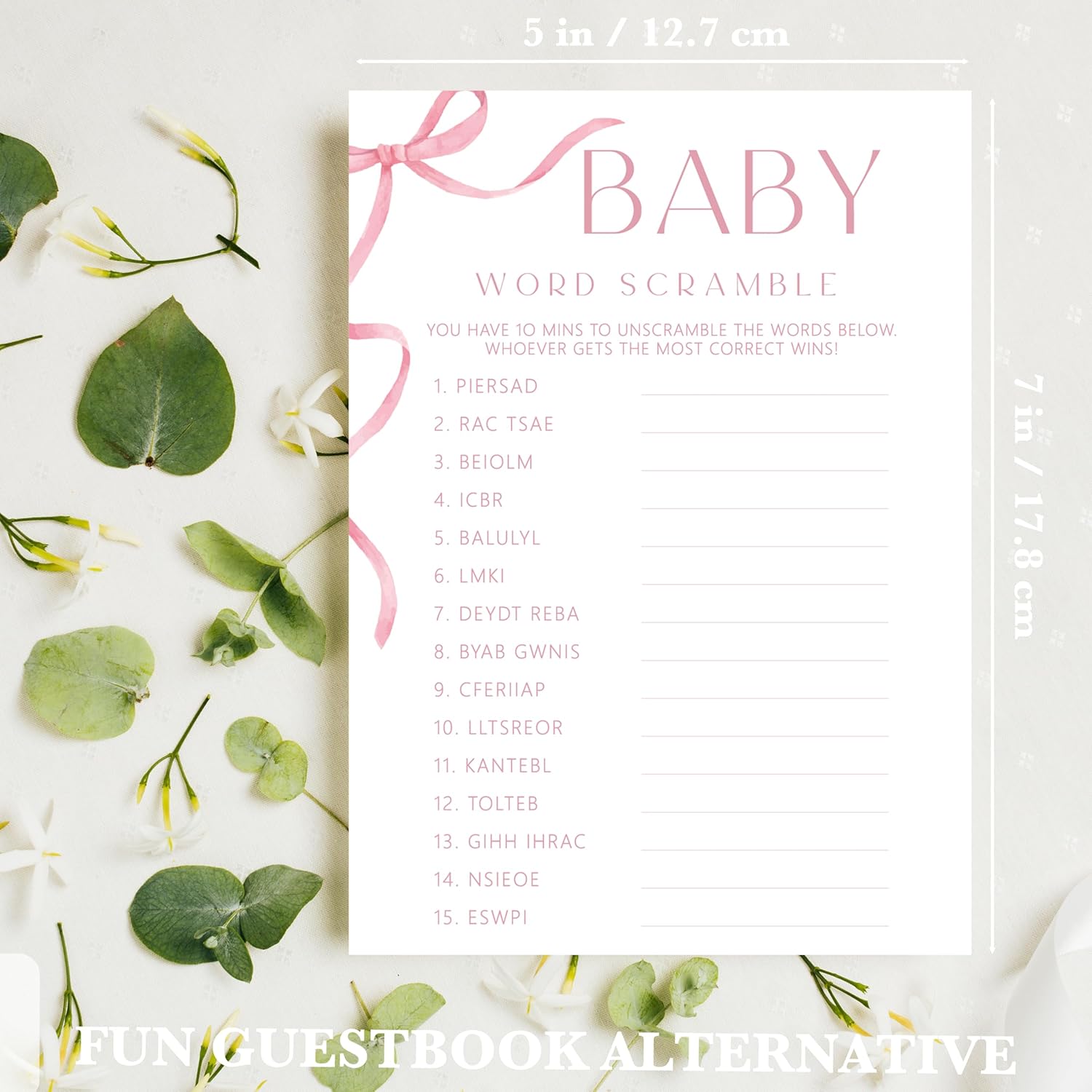 Pink Bow Baby Shower Games, Baby Word Scramble Game Set, 5"X7" & 25 Pcs Gender Neutral Party Decorations Supplies Favors Ideas-B05
