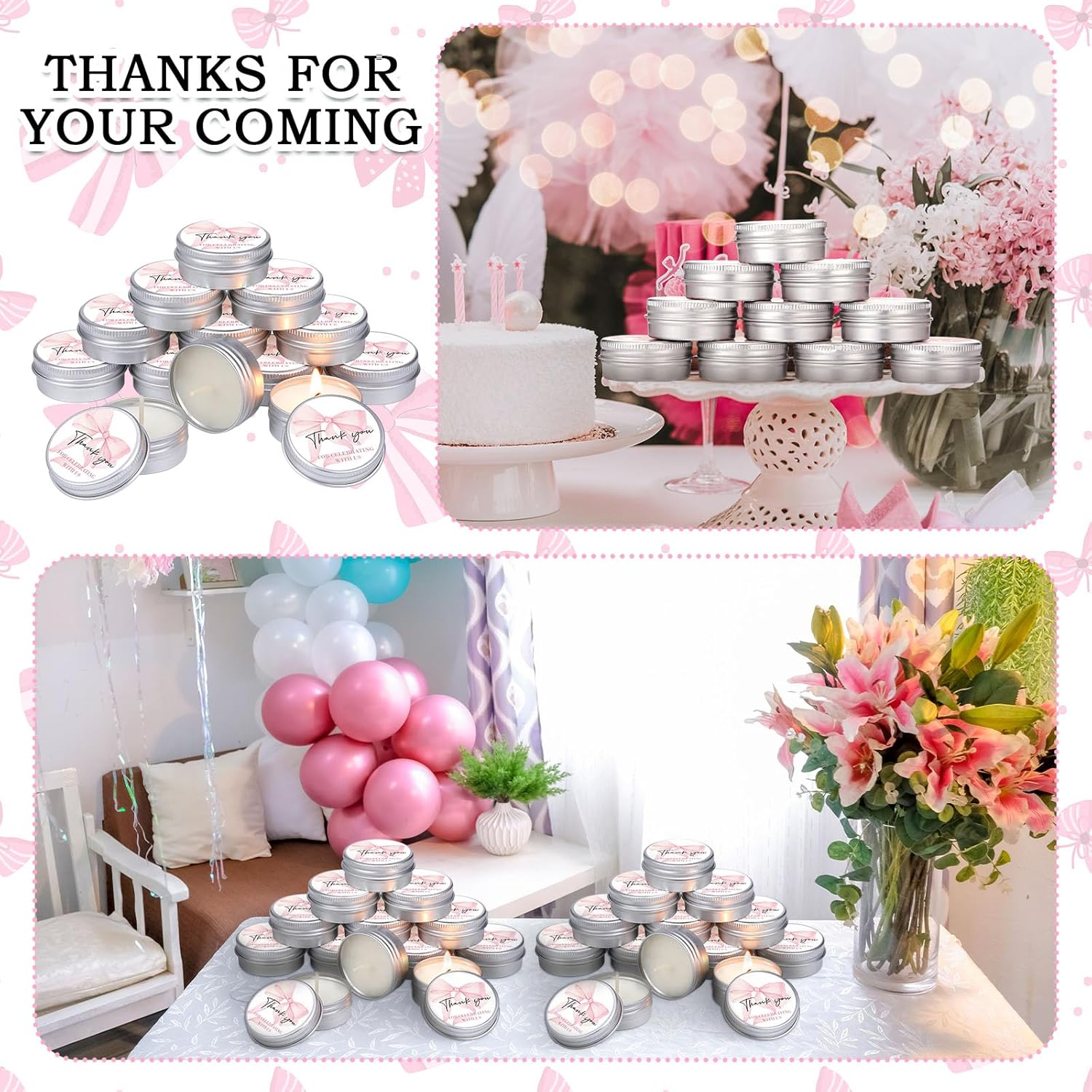 50 Pcs Bow Baby Shower Favors Scented Candles Gift Travel Tin Candle Aromatherapy Candle Favors For Baby Shower Wedding Gifts Compound Scent Essential Oil