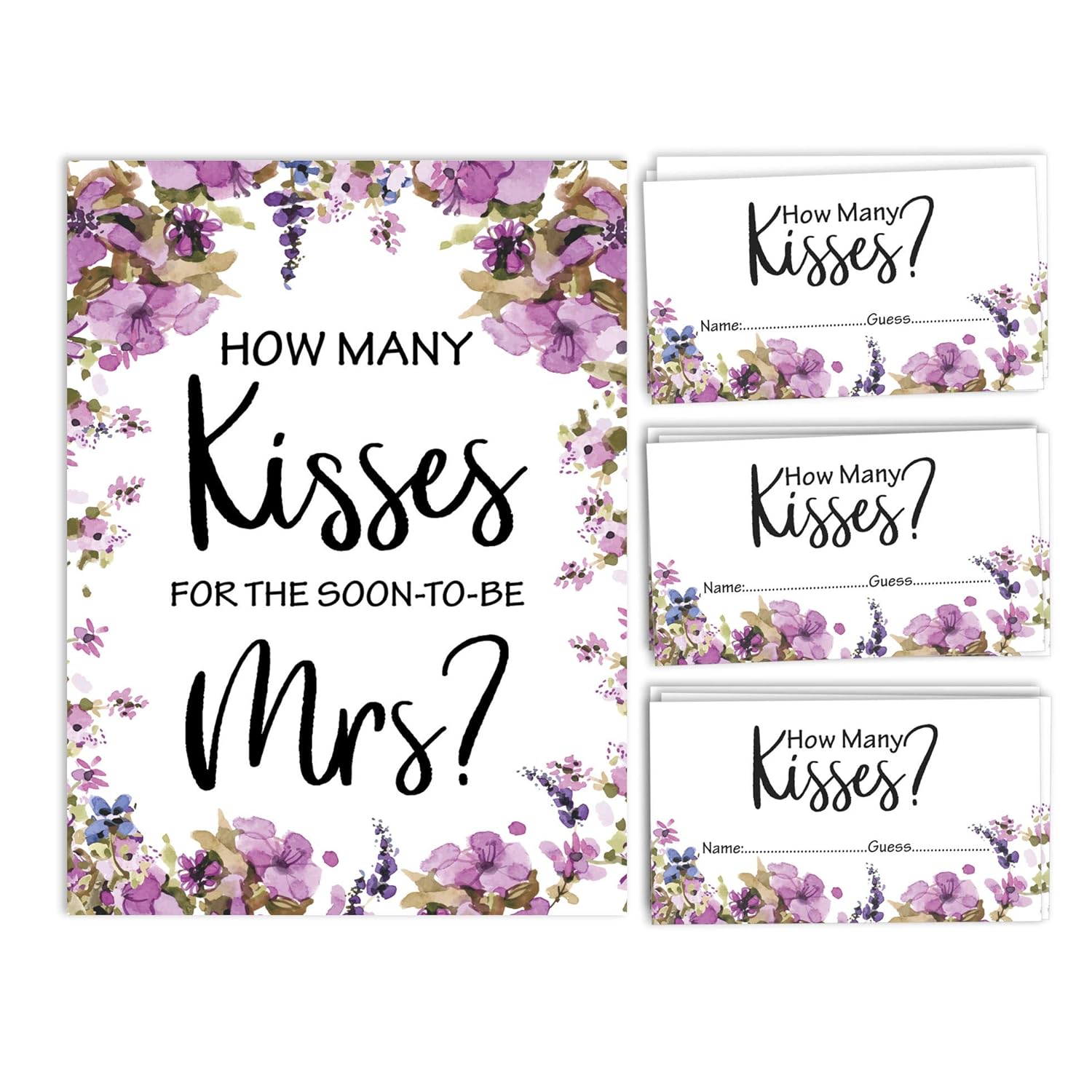How Many Kisses For The Soon To Be Mrs Floral White Bridal Shower Game 1 Sign + 30 Cards