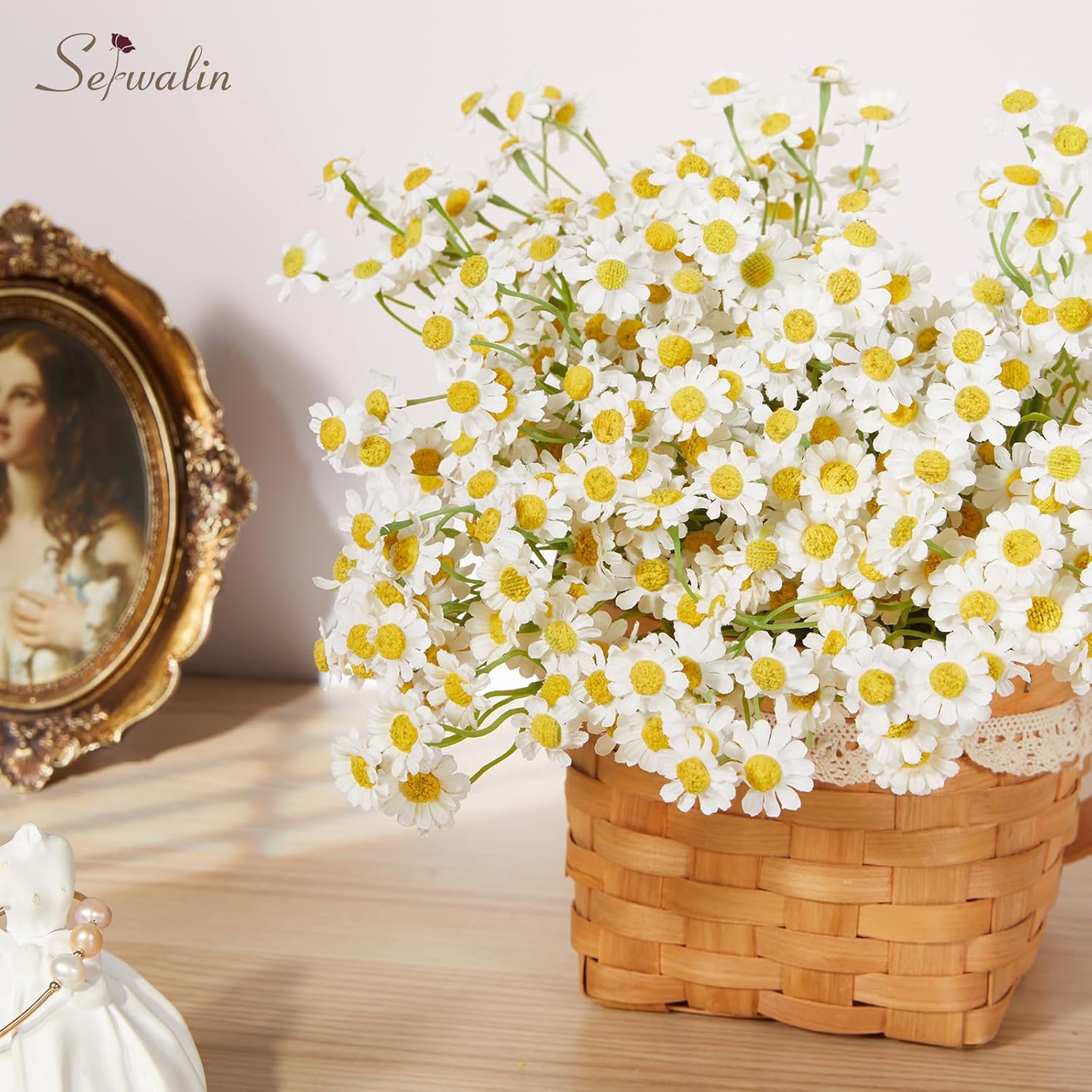 24Pcs Small White Daisy Flowers Artificial Fake Wildflower Bouquet, Realistic Faux Daisies Arrangements For Wedding, Vase Centerpiece Table Decorations, Diy Home Party (Not Include Basket)