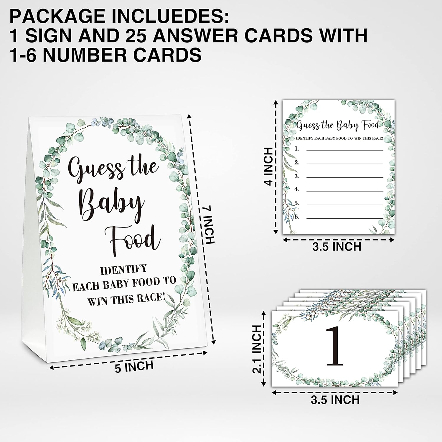 Greenery Baby Shower Party Game Set, Guess The Baby Food, 1 Standing Sign With 25 Answer Cards & 6 Number Cards, Gender Reveal Party Game Decoration Supplies(5"X7") - Food-D01