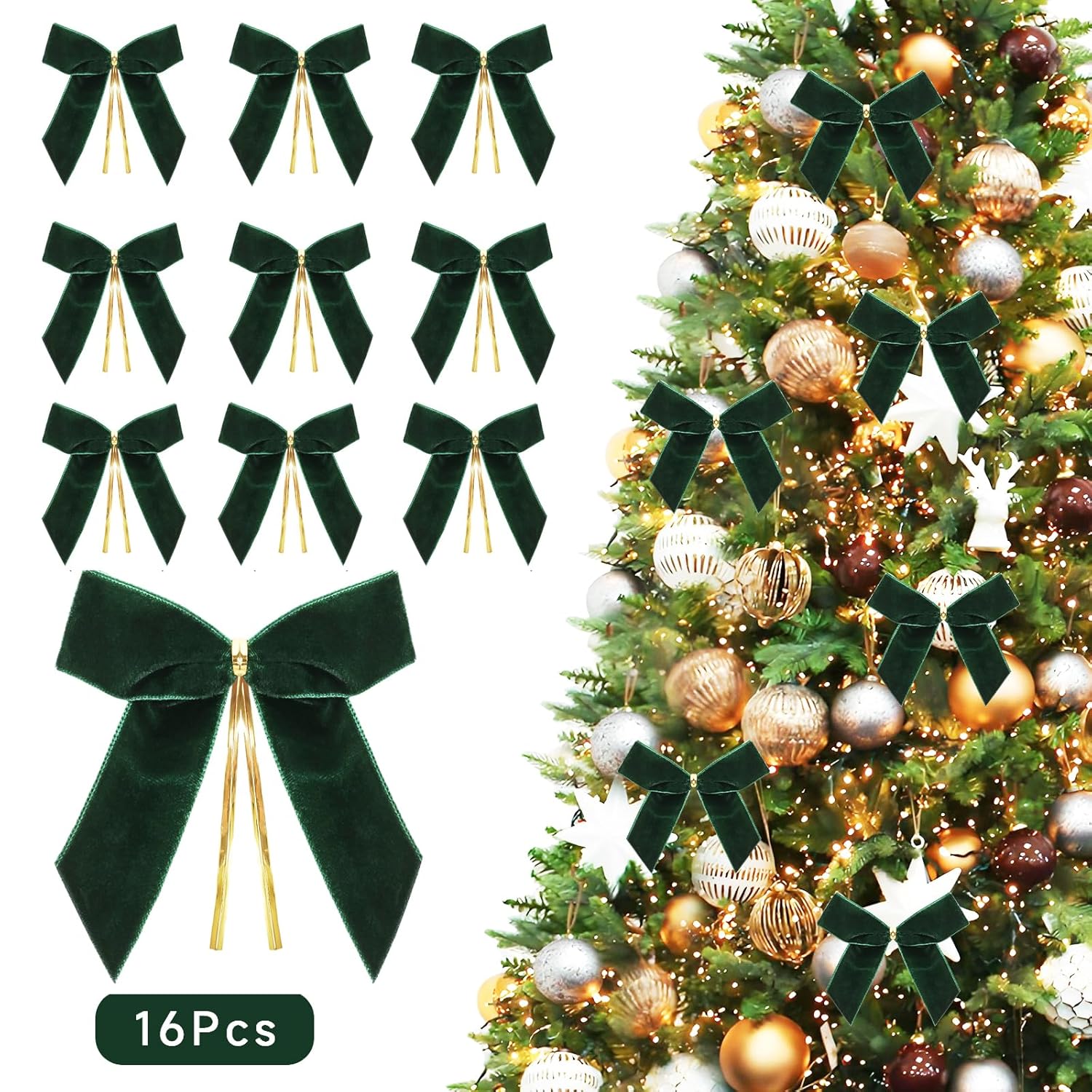 16Pack Red Velvet Christmas Bows For Christmas Tree, Small Decorative Twist Tie Ribbons For Wreath, Gift Wrapping, 3.5X3.5 Inch (Dark Green)