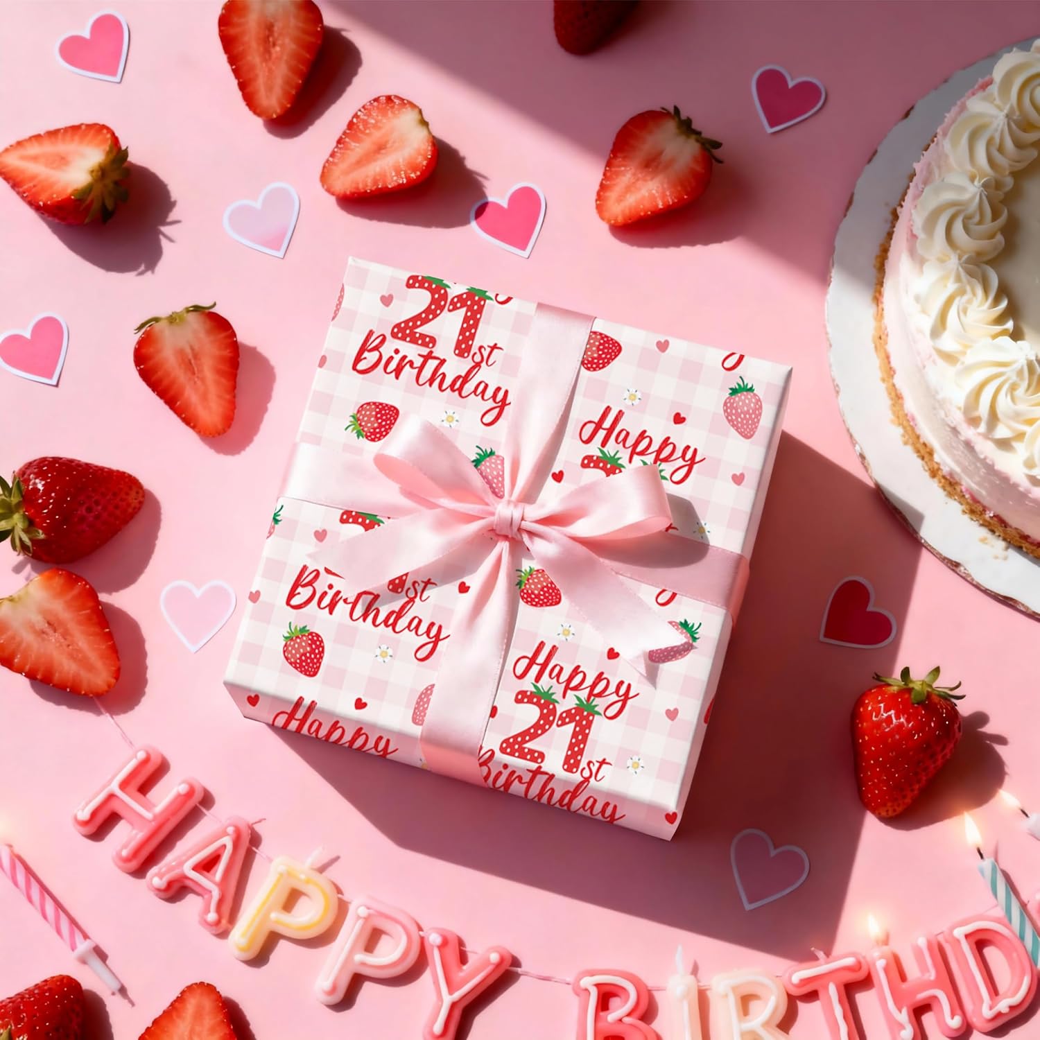 Happy 21St Birthday Wrapping Paper Roll, Strawberry & Pink Gingham Gift Wrap For Woman’S Twenty-First Age21 Birthday Party, Gifts & Celebrations, Mini Roll 17 In X 16.4 Ft