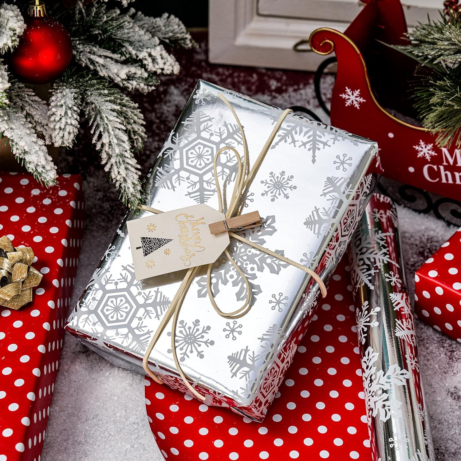 Reversible Christmas Wrapping Paper, Silver Snowflakes Wrapping Paper, Minimalist Festive Winter Snowflake Christmas Gift Wrap W/Glossy Foil-Like Shine For Holiday Presents (17 Inch X 33 Feet)