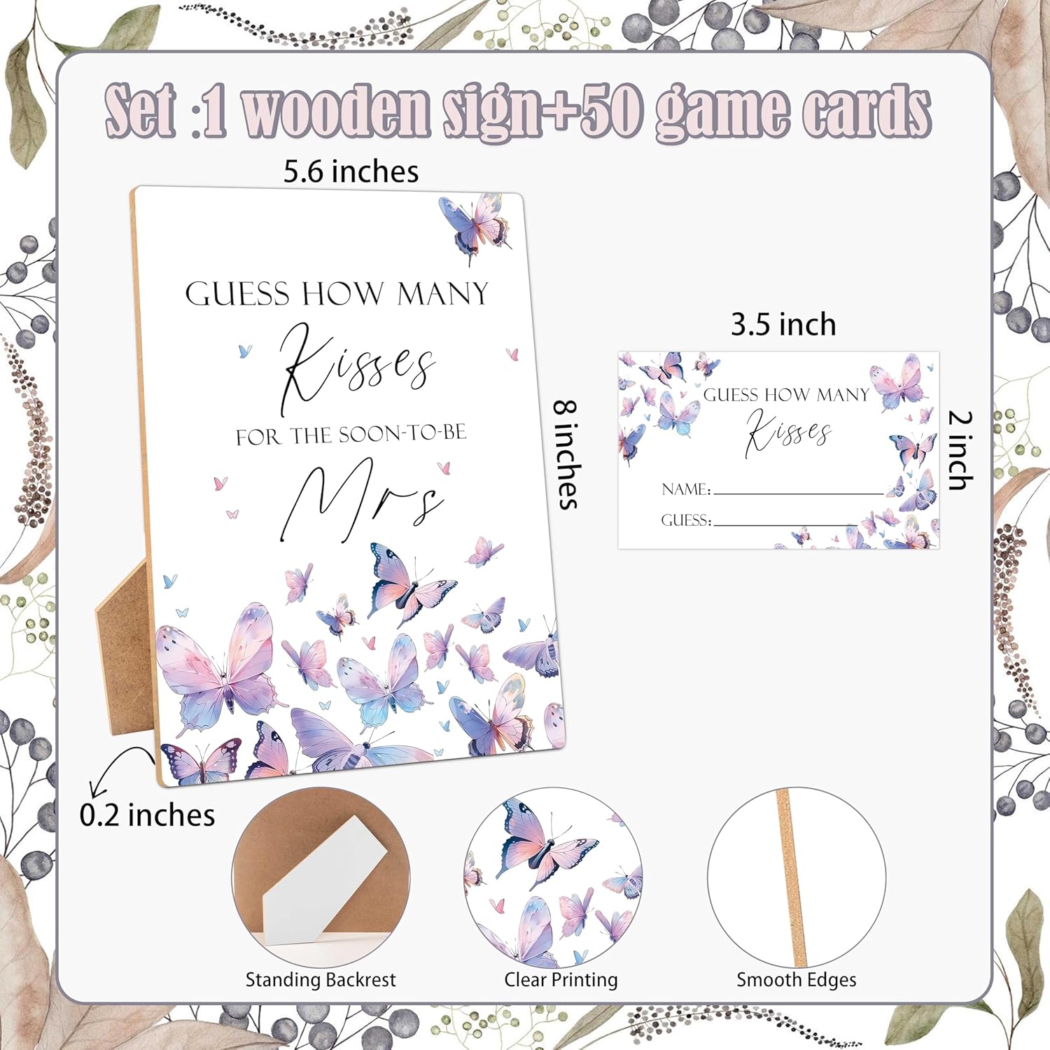 How Many Kisses Bridal Shower Games, How Many Kisses For The Soon To Be Mrs, 1 Wooden Sign With 50 Cards, Butterfly Guessing Game For Wedding, Bachelorette Party Night, Engagement Decoration