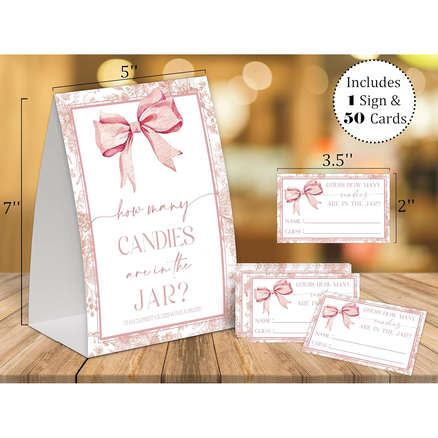 How Many Kisses In The Jar, Bridal Shower Games, Pink Bow Wedding Shower Decorations, Engagement Party Game, Bachelorette Games, Bridal Shower Favors, Bridal Shower Sign And 50 How Many Cards