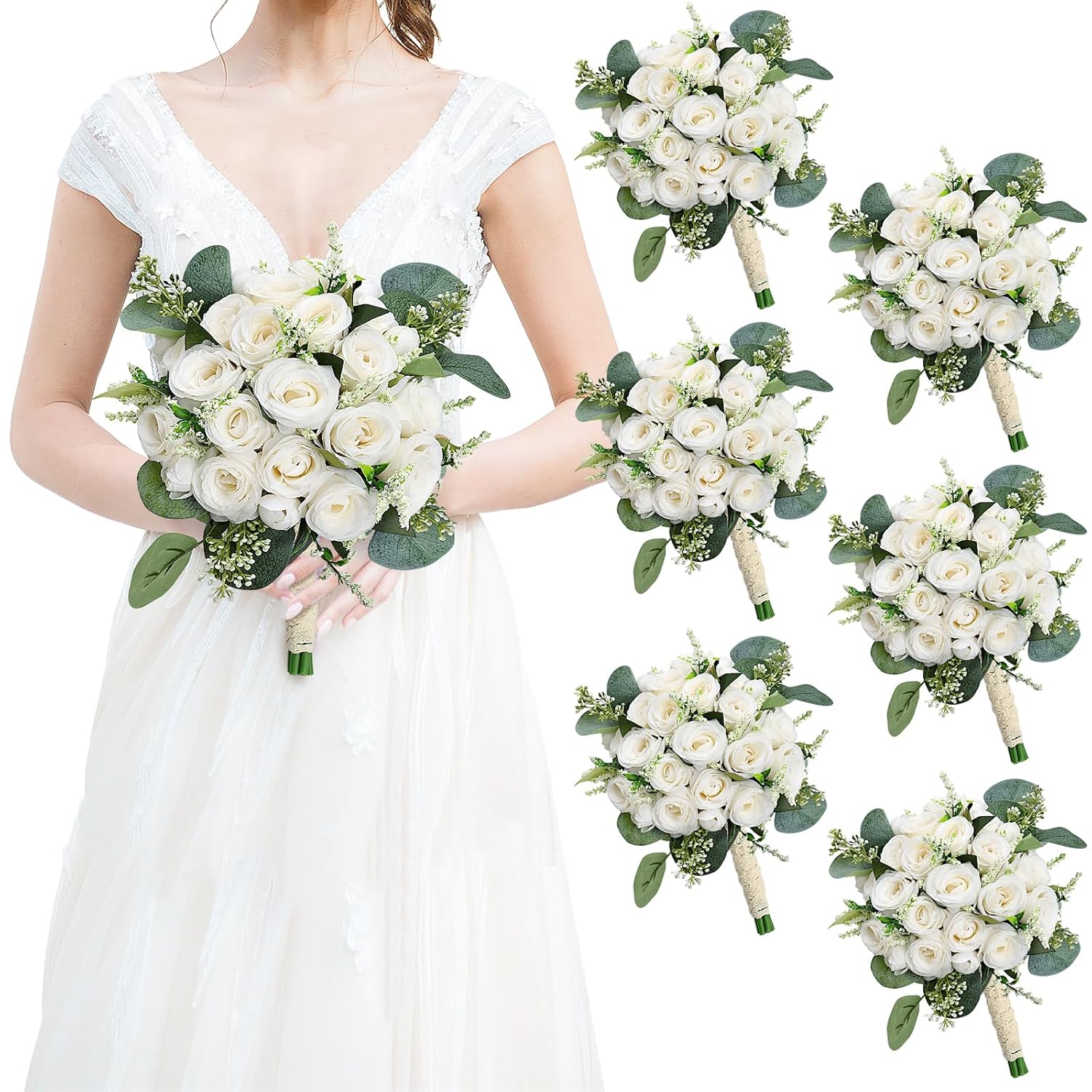 Bridesmaids Bouquets For Wedding - Set Of 6 Realistic Artificial Rose Eucalyptus Silk Bride Flowers For Bridal Shower Ceremony Decorations - Ivory White