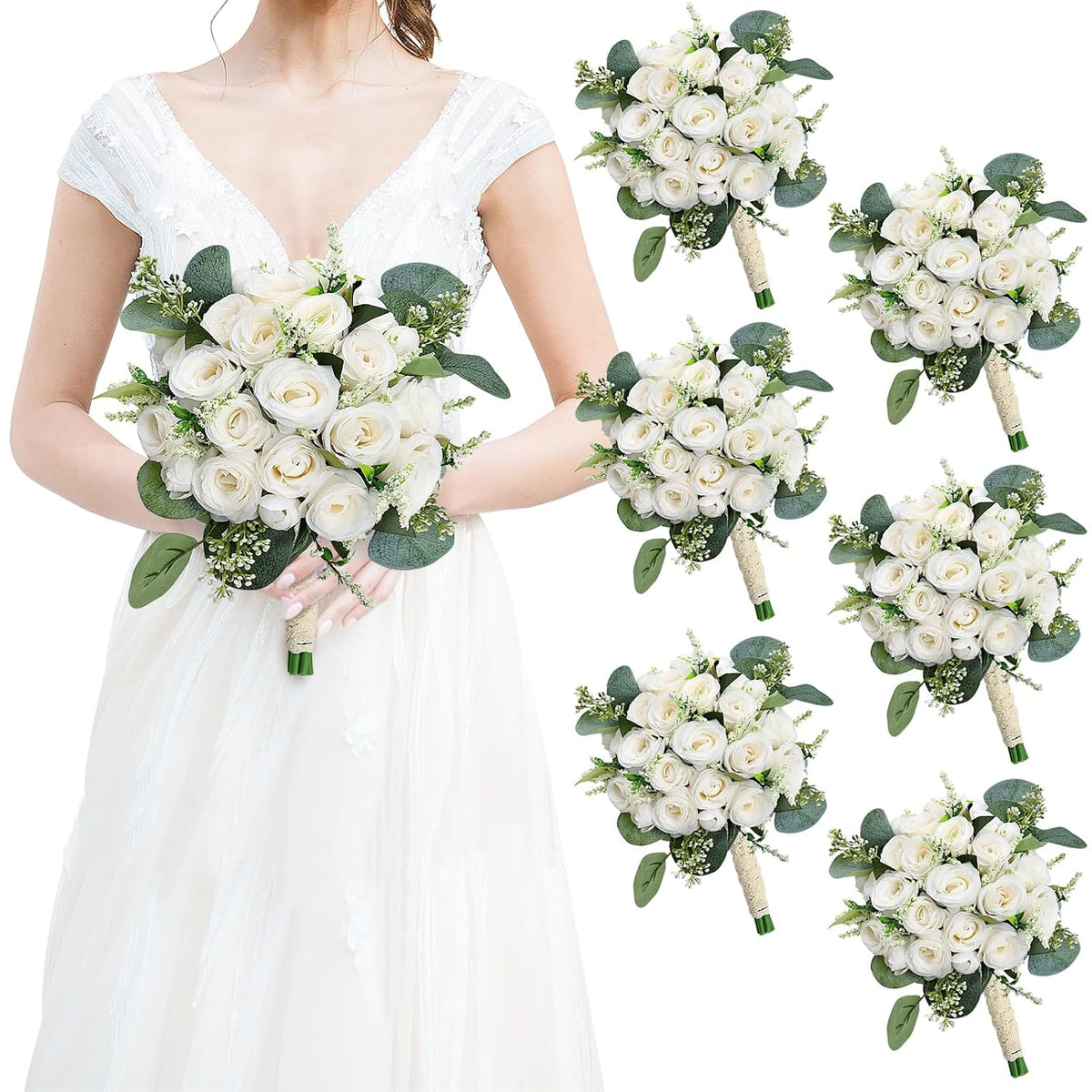 Bridesmaids Bouquets For Wedding - Set Of 6 Realistic Artificial Rose Eucalyptus Silk Bride Flowers For Bridal Shower Ceremony Decorations - Ivory White