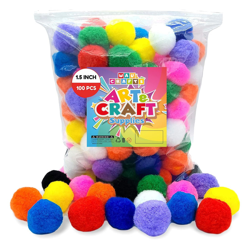 Wau Craft Pom Pom Balls - 100Pcs 1.5 Inch Multicolored Large Pompoms For Craft