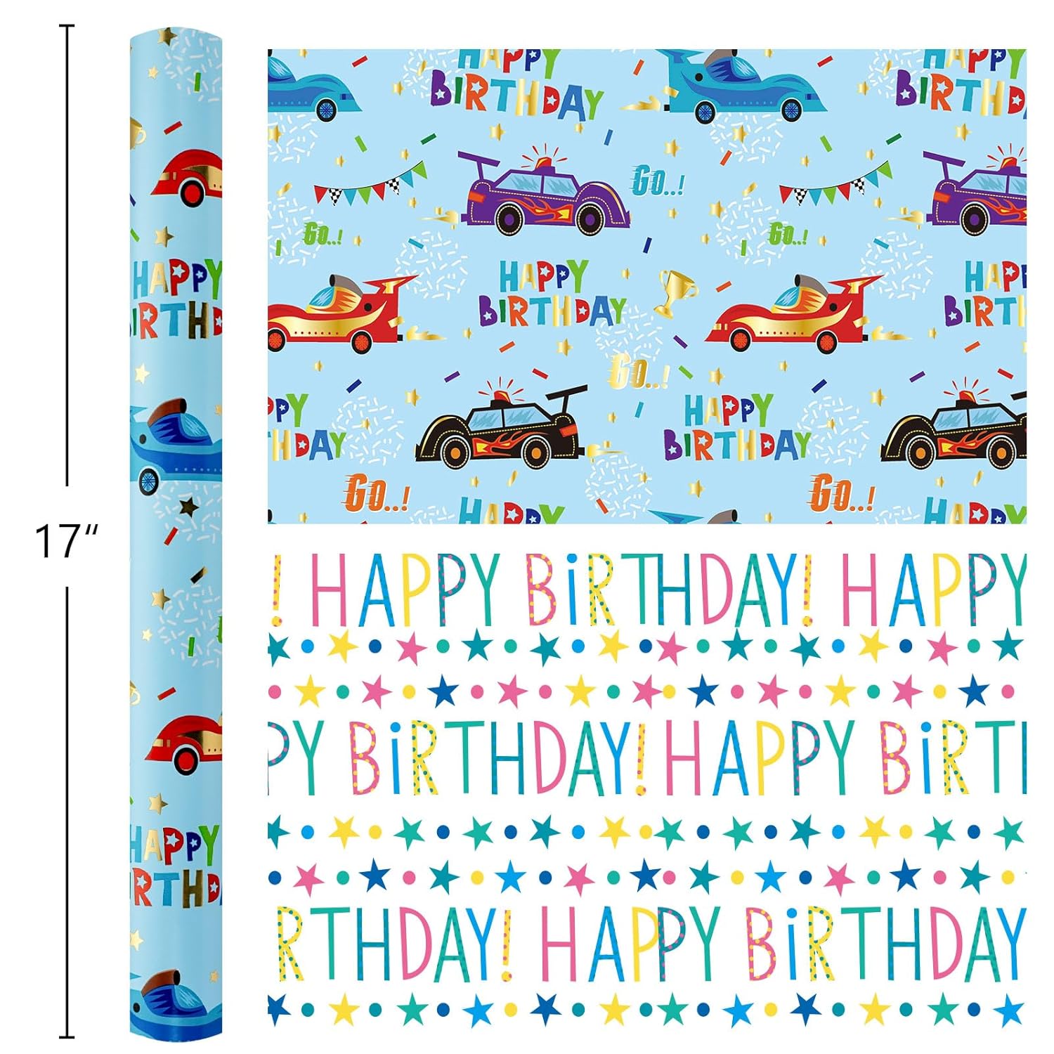 Blue Race Car Wrapping Paper Boys, Birthday Wrapping Paper Rolls With Colorful Happy Birthday Text Design For Kids Baby Shower Party - 17 In X 16.4 Ft(23.3 Sqft)