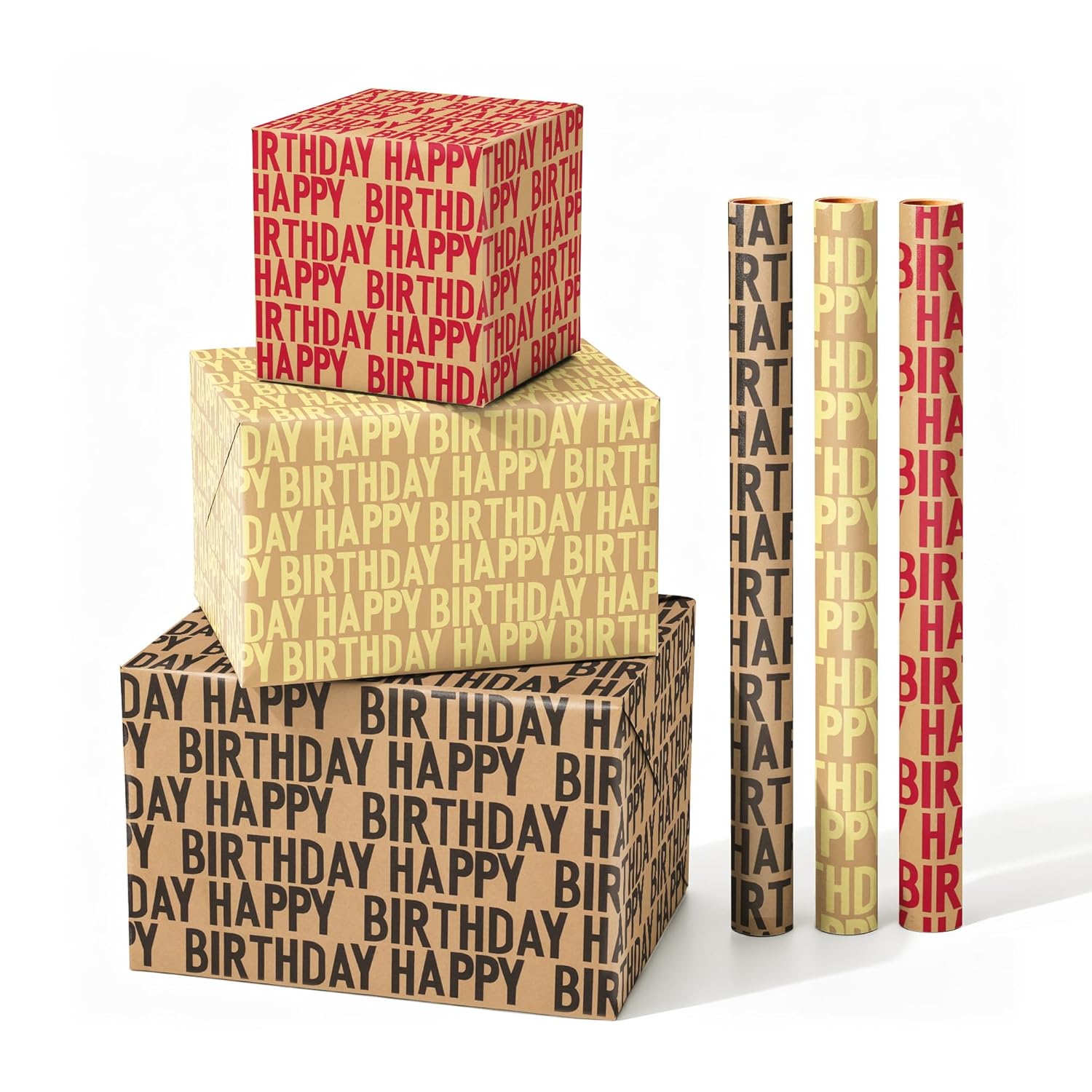 Vintage Recyclable Kraft Birthday Wrapping Paper Rolls, Designed With Text Black Red Gold Happy Birthday, 3 Mini Rolls, 17 Inch X 9.8 Feet Per Roll