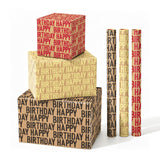 Vintage Recyclable Kraft Birthday Wrapping Paper Rolls, Designed With Text Black Red Gold Happy Birthday, 3 Mini Rolls, 17 Inch X 9.8 Feet Per Roll