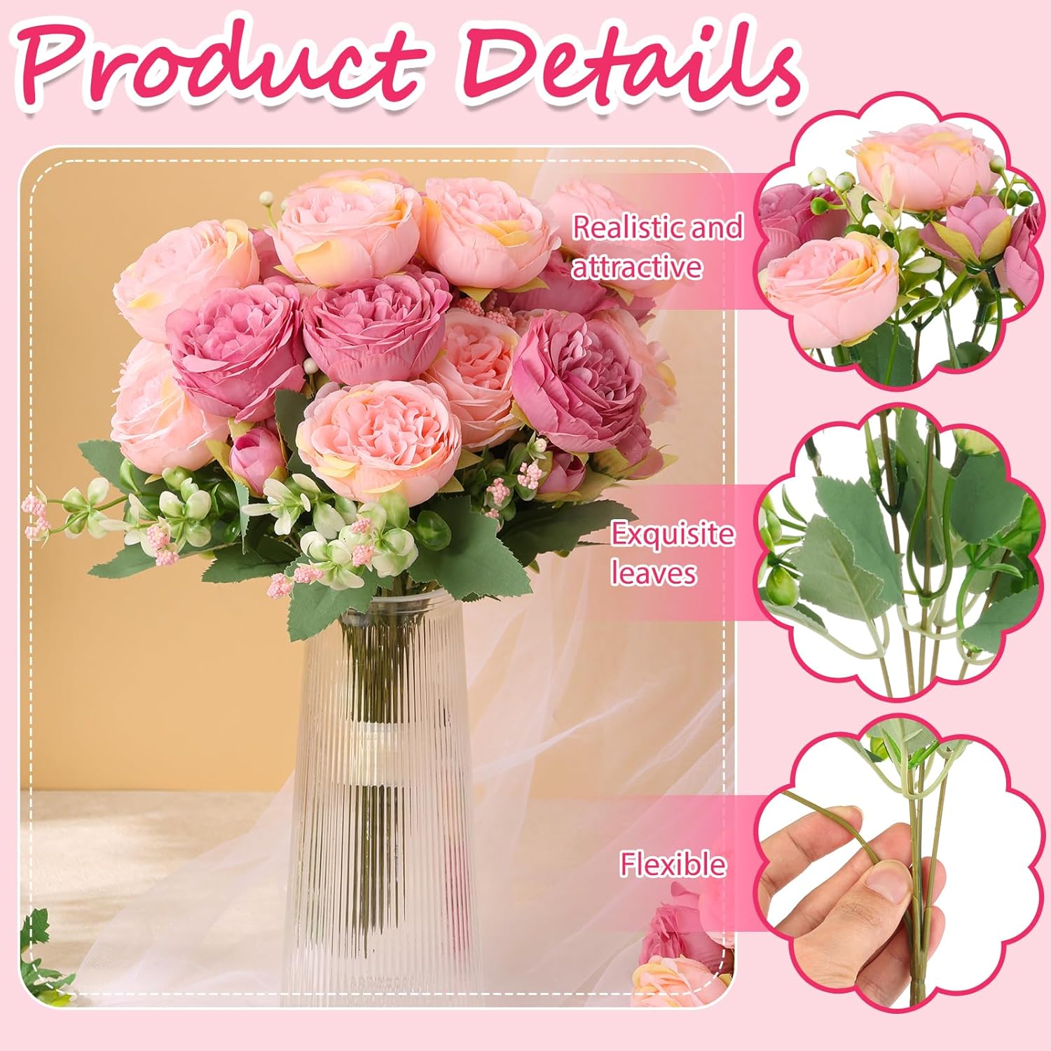 12 Bundles Peonies Artificial Flowers Artificial Peonies Silk Flowers Bulk Fake Peony Bouquet For Bridal Shower Decorations Wedding Table Centerpiece (Pink)