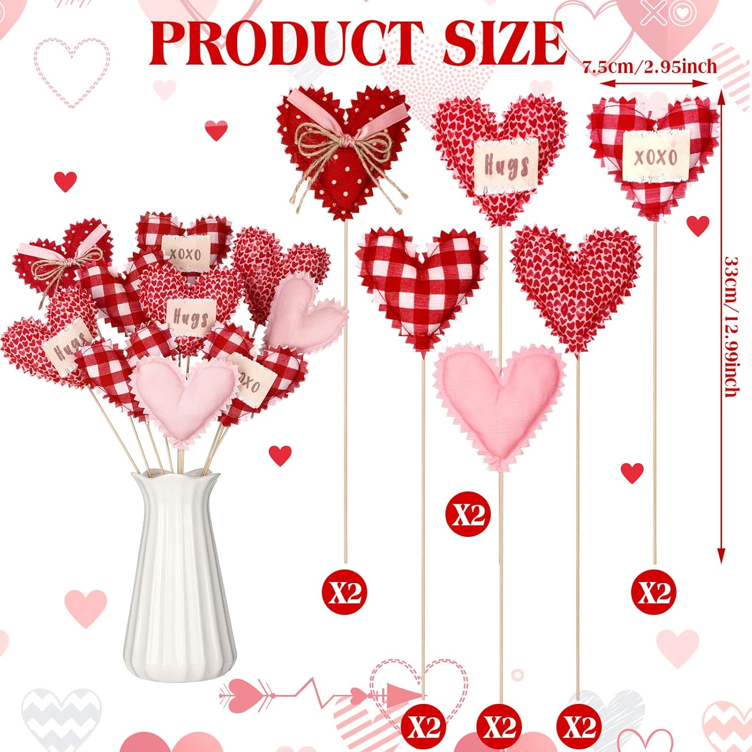 12 Pcs Valentine'S Day Heart Picks 13 Inch 3D Fabric Heart Picks Decorations For Valentine'S Day Vase Holiday Wedding Home Decoration