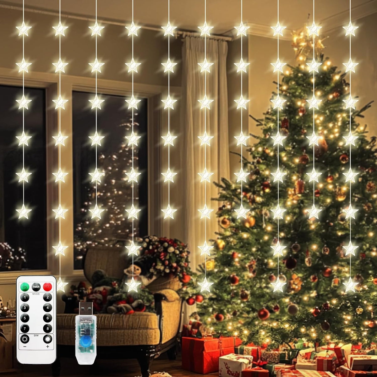 Star Curtain Lights, Warm White Window Lights 70 Stars Hanging Light With Remote Fairy Led Twinkle String Lights Home Be