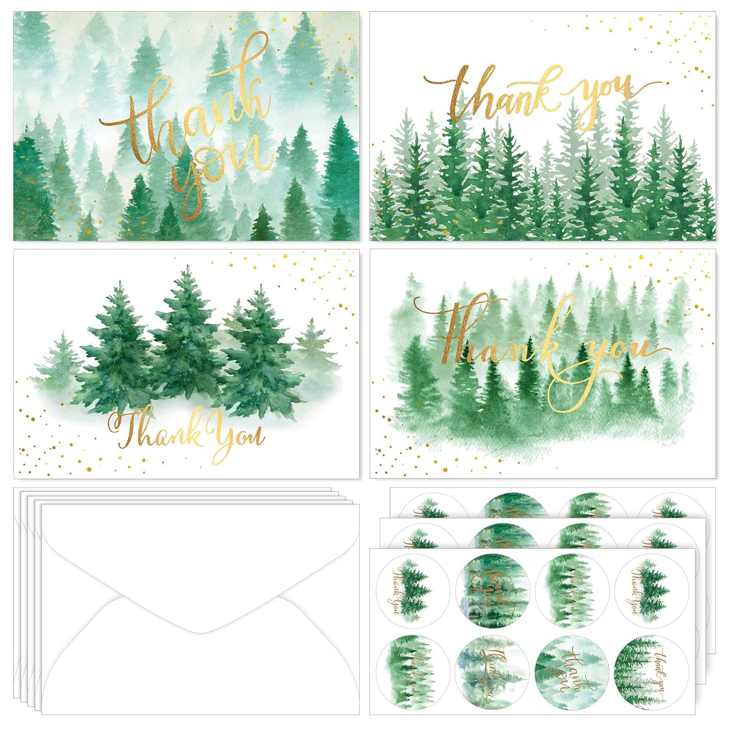 32 Pack Christmas Forest Thank You Cards With Envelopes & Stickers Green Woodland Watercolor Blank Gift Card Xmas Holiday Cards For Wedding Baby Shower Birthday, 4 X 6 Inch