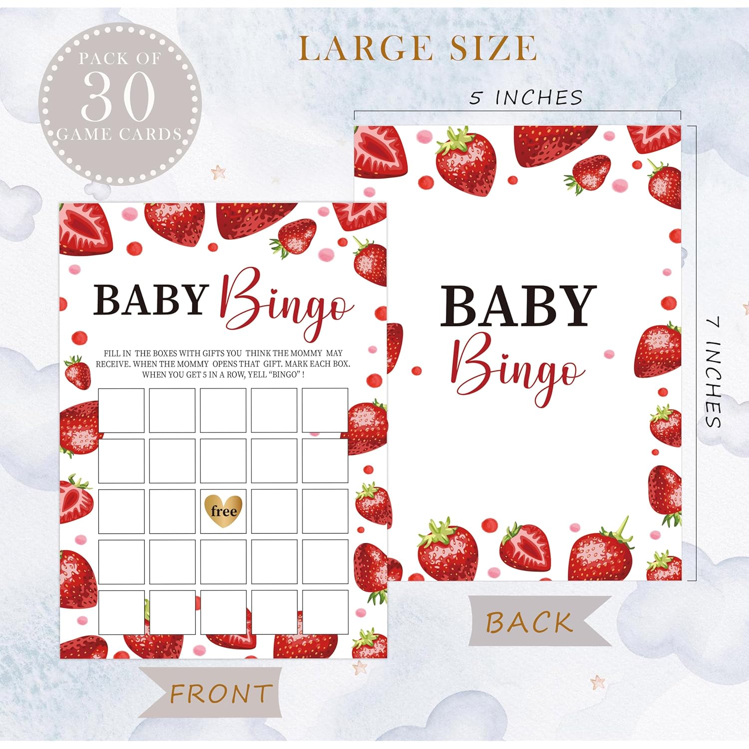 Strawberry Baby Bingo Game, Baby Shower Games, Pack Of 30 Game Cards, Gender Neutral Boy Or Girl - Fa14
