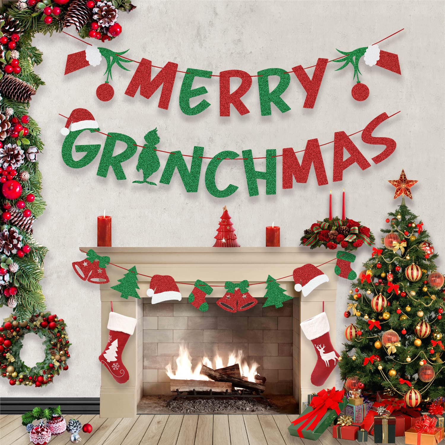 Christmas Decorations – Glittery Merry Grinchmas Banner And Christmas Garland For Grinch Christmas Decoration Grinch Decorations