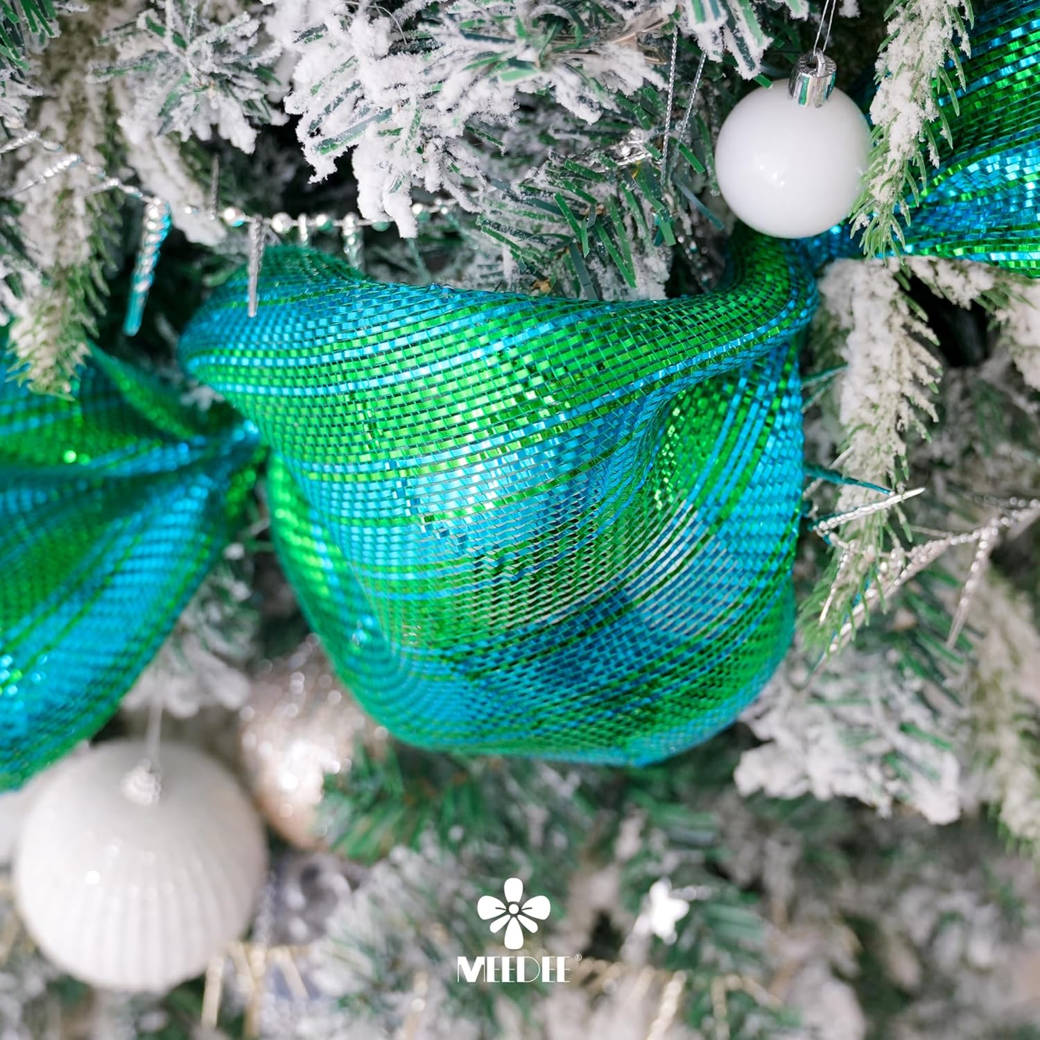 Peacock Ombre Deco Mesh 10 Inch Deluxe Wide Foil Metallic Xmas Mesh Christmas Tree Ribbon Ombre Mesh Ribbon For Christmas Tree, Wreaths, Garland, Gift Wrapping, Bows Making (30 Feet)