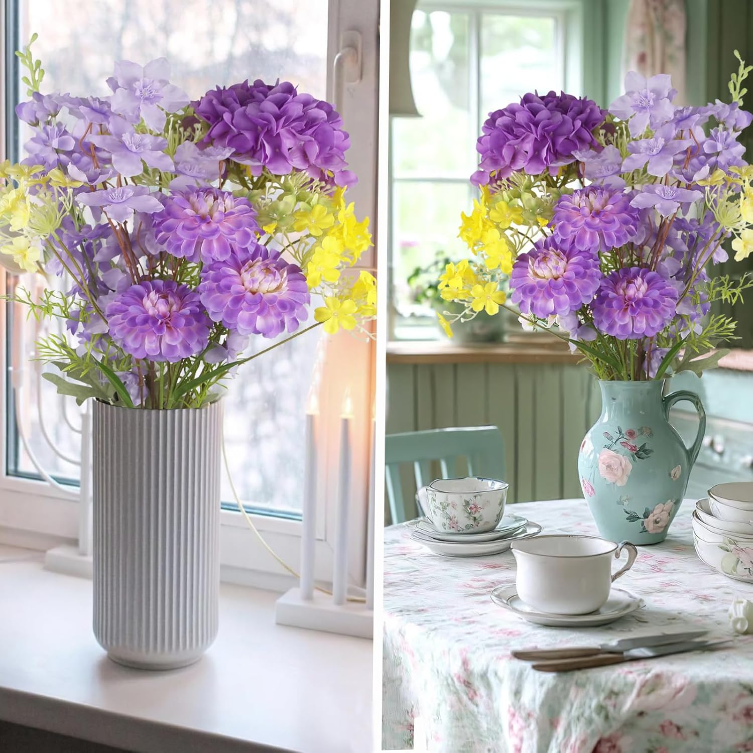 7 Pcs Artificial Spring Flowers Purple Hydrangea Silk Flowers Bouquet Delphinium Artificial Flowers Zinnias Faux Flowers Long Stems For Wedding Home Table Centerpieces Baby Shower Floral Decor