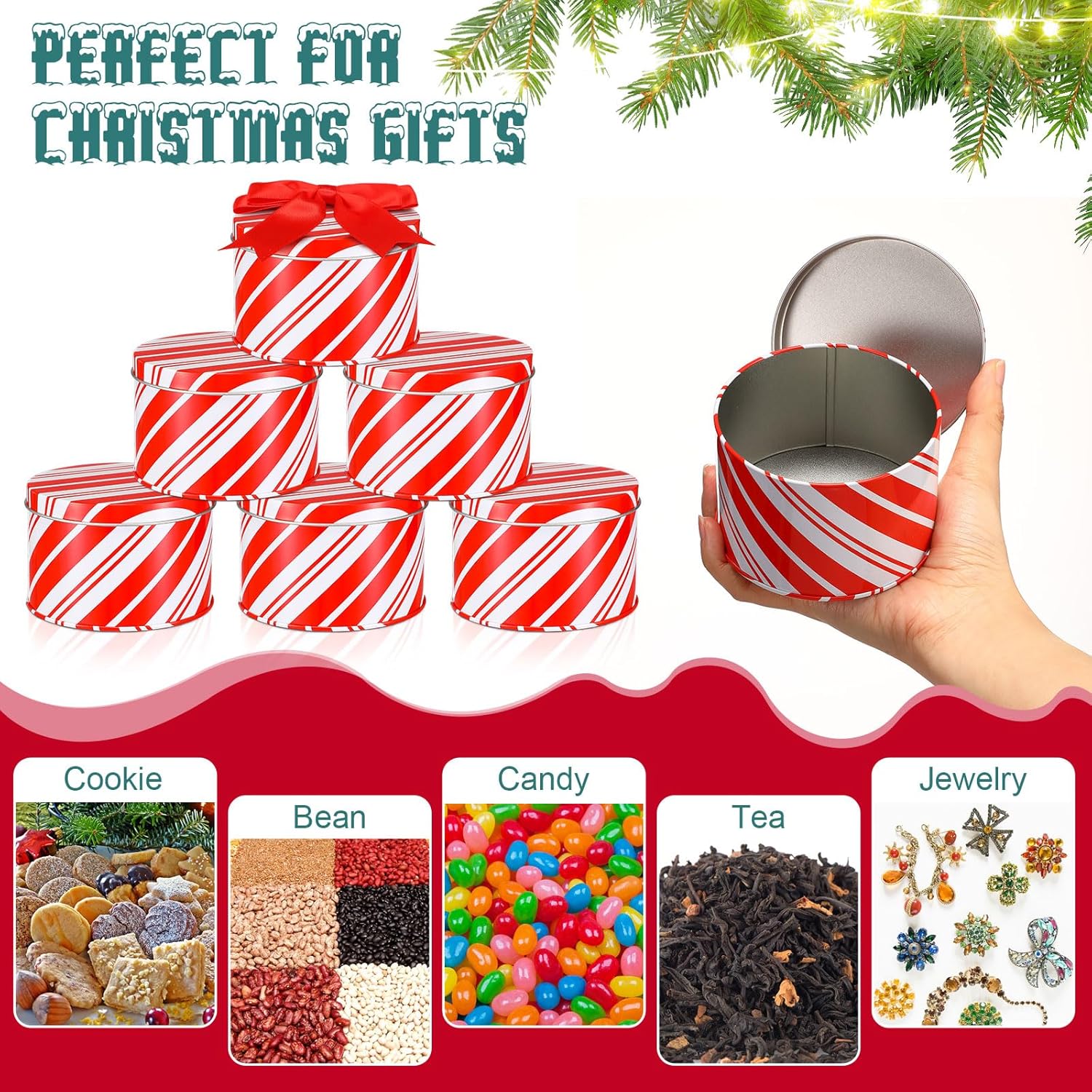 12 Sets Christmas Cookie Tins With Lids Red And White Candy Cane Design Christmas Cookie Tins Xmas Metal Round Box For Gift Giving Decorative Storage Containers Party Holiday Treats Cookie Jars