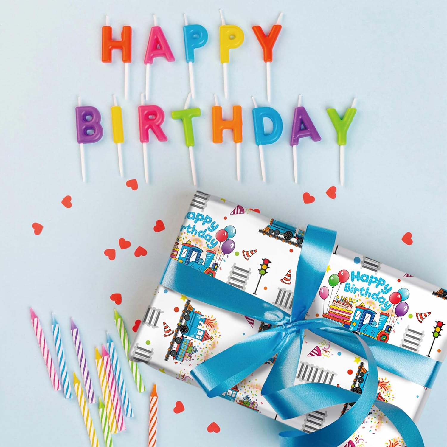 Birthday Train Wrapping Paper For Boys Kid - White Gift Wrap With Train Happy Birthday Balloons, Cake And Gifts Train Tracks For Baby Shower - 28X40 Inches, 4 Folded Sheets