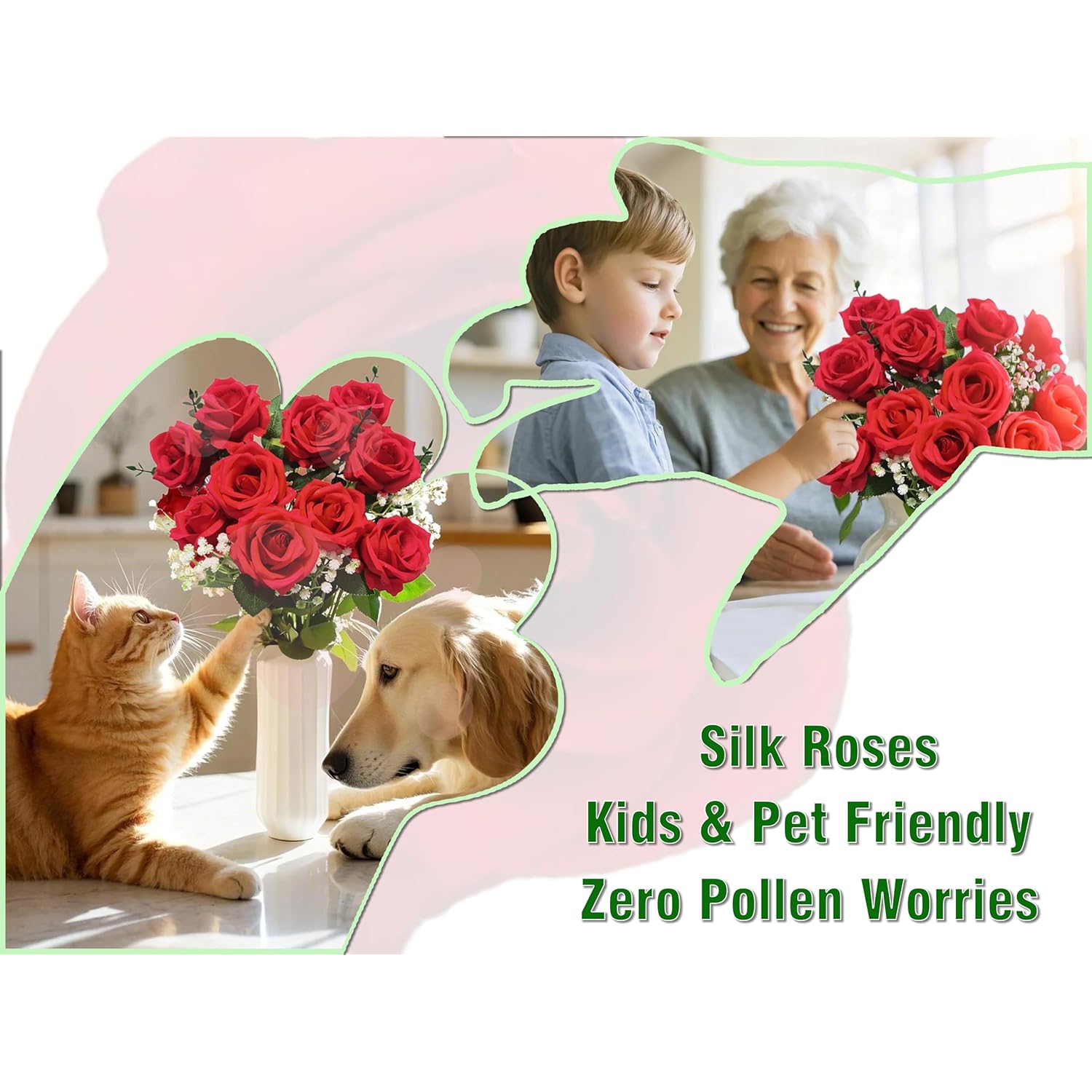 10 Stems Artificial Roses Bouquet With 4Pcs Artificial Baby'S Breath 6Pcs Artificial Eucalyptus Leaves Stems, For Silk Floral Arrangement Or Space Decoration (Red)