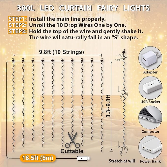 300 LED Fairy Curtain Lights 9.8FT x 9.8FT USB Plug In Warm White String Lights with Remote 8 Modes for Bedroom Wedding Decor