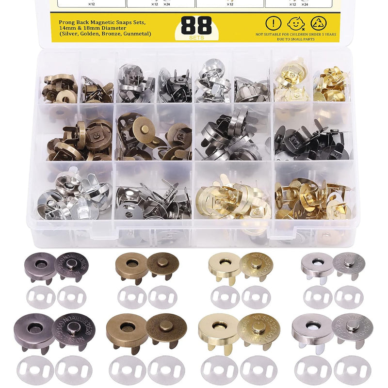 88 Sets 14Mm &18Mm Button Clasps Closures With Washers, Bronze, Gunmetal, Silv