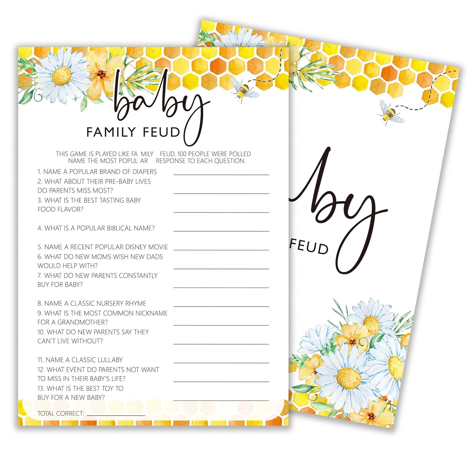 Bee Baby Shower Games, Summer Daisy Baby Family Feud Game, Bumble Bee Gender Neutral Party Supplies & Favor, 5X7 In & Set Of 25-A06