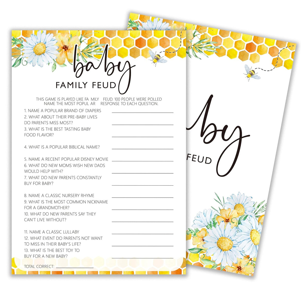 Bee Baby Shower Games, Summer Daisy Baby Family Feud Game, Bumble Bee Gender Neutral Party Supplies & Favor, 5X7 In & Set Of 25-A06