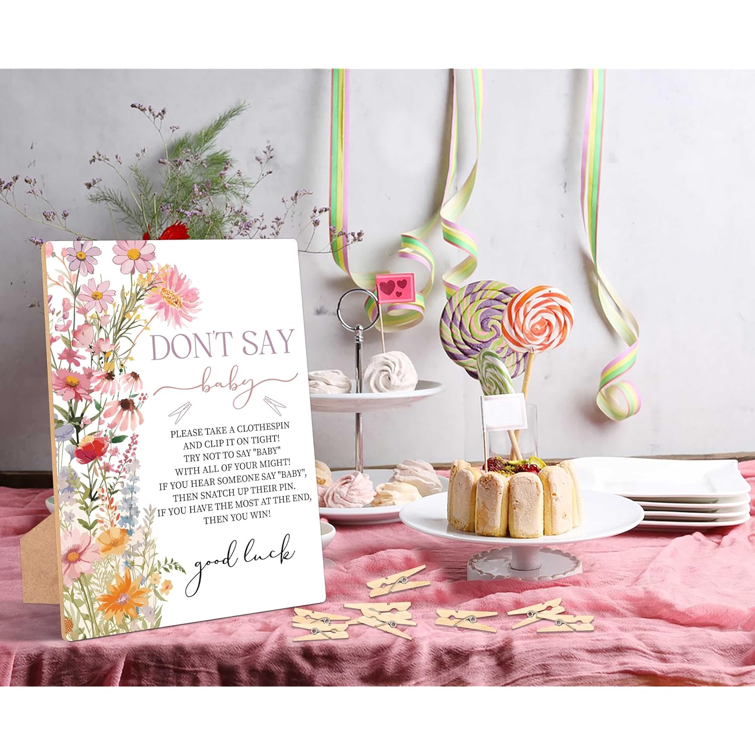 Wildflower Don'T Say Baby Clothespin Game, Pack Of 1 Wooden Tabletop Sign With Stand And 50 Mini Natural Clothespins, Floral Baby Shower Game, Gender Reveal Party Decorations - Qx17
