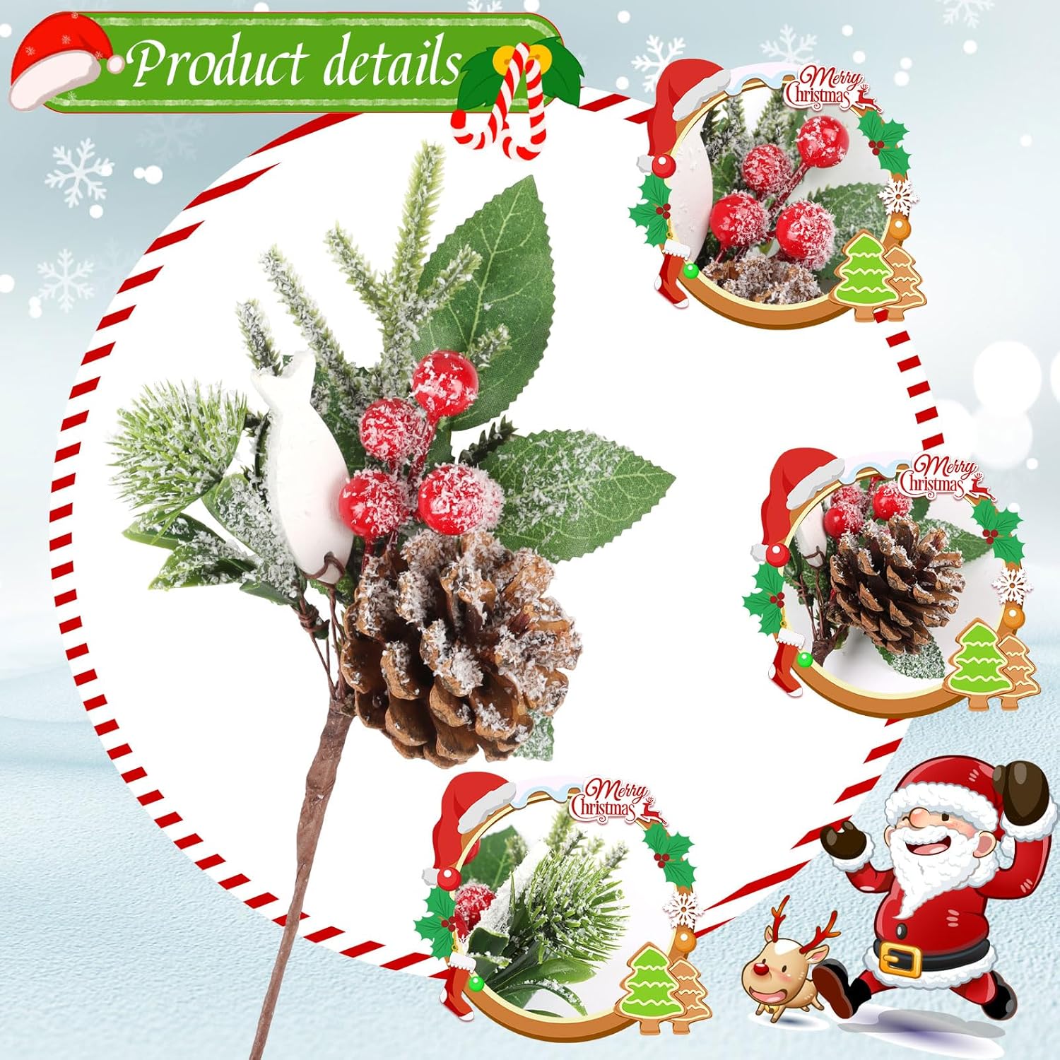 Artificial Christmas Picks 20 Pack Assorted Holly Berry Stems Frosted Pine Cones Faux Red Berries White Floral Picks Sprays For Xmas Tree Vase Crafts Garland Christmas Wreath Decoration