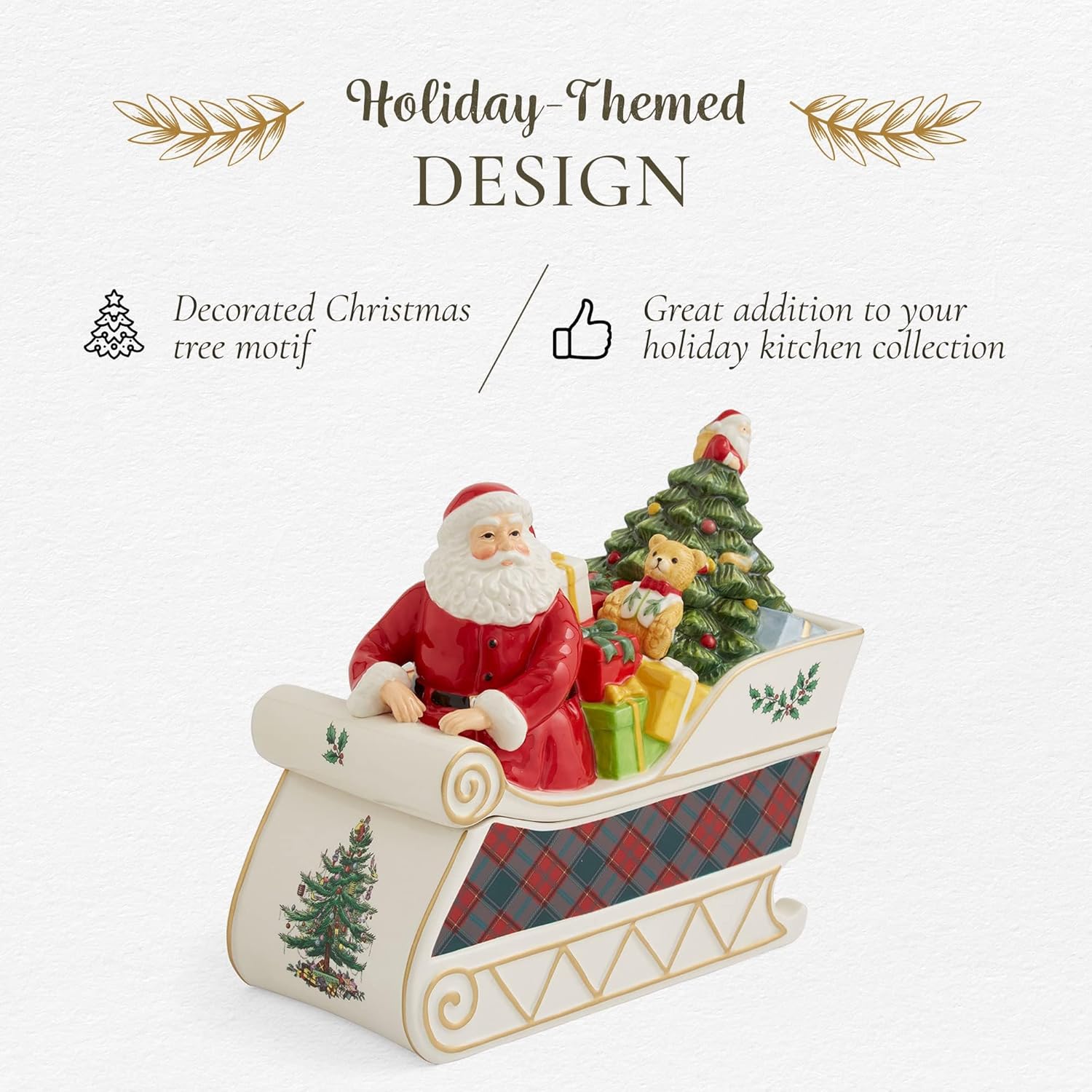 Christmas Tree Santa In Sleigh Cookie Jar - 13.25" Dolomite Holiday Candy Container With Lid - Festive Kitchen Counter Decor, Seasonal Treat Jar, Gift