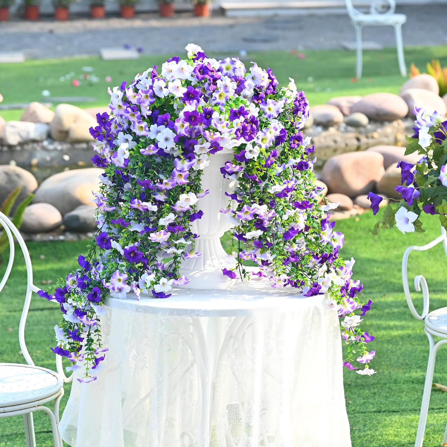 Artificial Petunias Flowers For Outdoors, 2 Pcs Uv Resistant Fake Hanging Plants Spring Outside Decor, Faux Silk Flowers Long Trailing Vines For Outdoor Planters Porch Garden (Purple White)